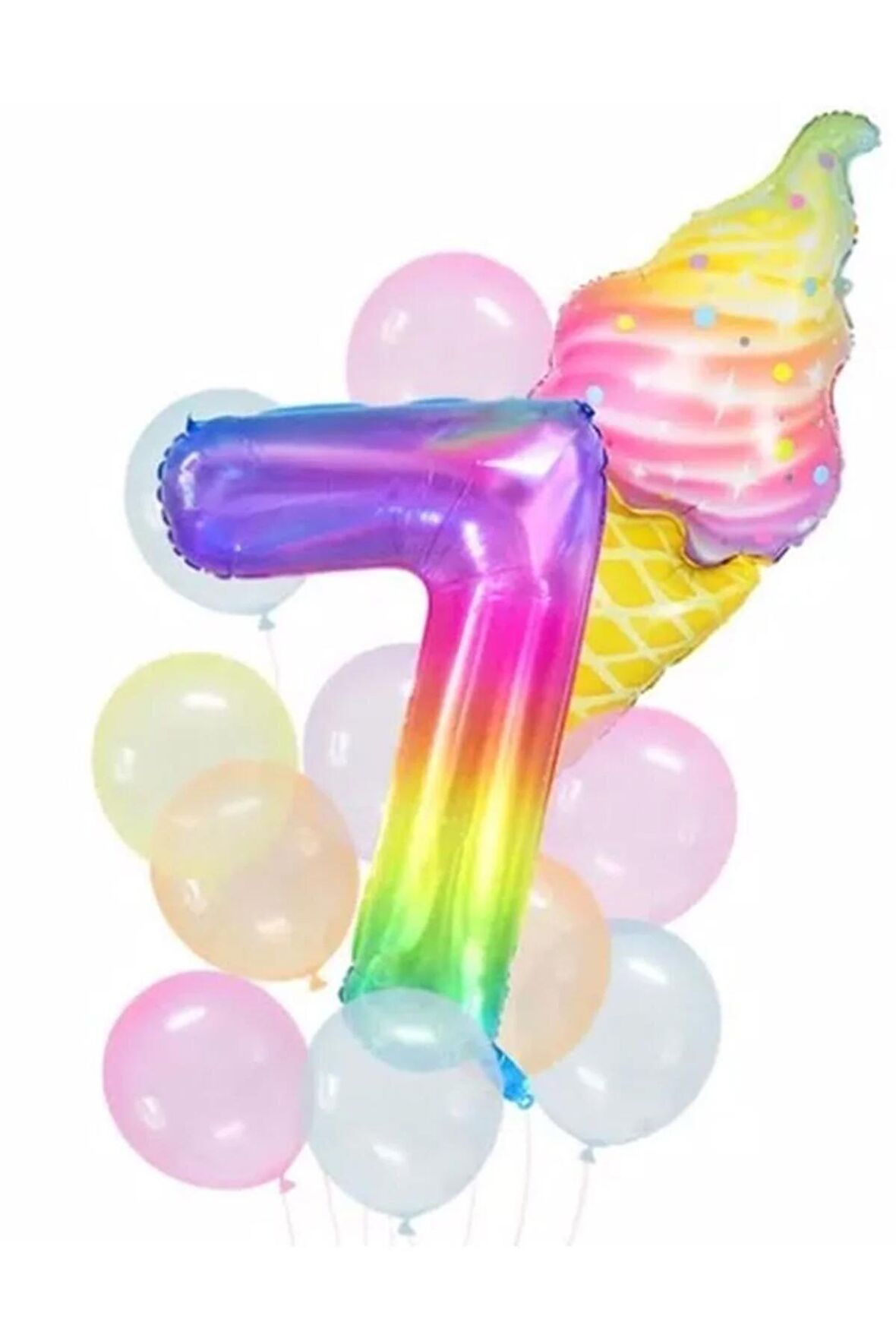 Gökkuşağı Rakam Ve Dondurma 7 Yaş Balon Set Balon Folyo Set Dondurma Konsept Doğum Günü Set