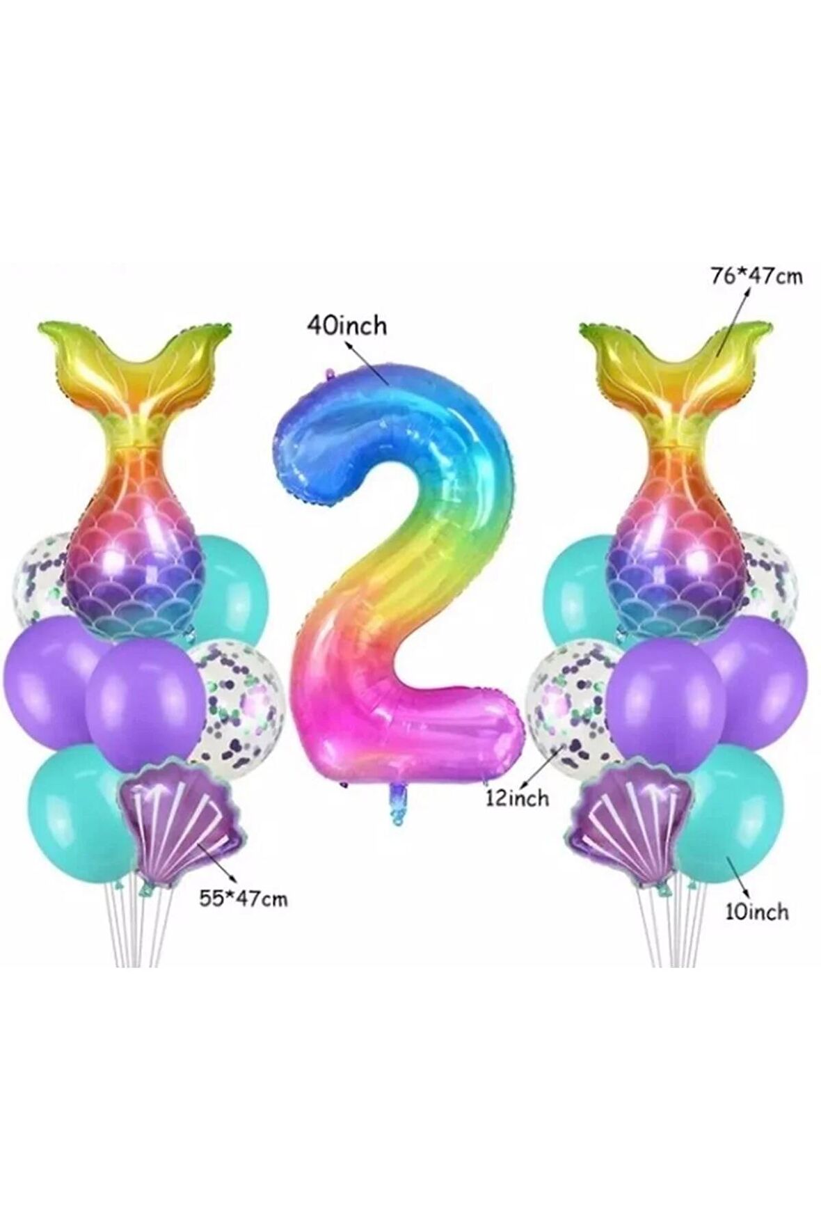 Gökkuşağı Rakam Denizkızı Kuyruk Istiridye 2 Yaş Balon Set Balon Folyo Set Denizkızı Konsept Set