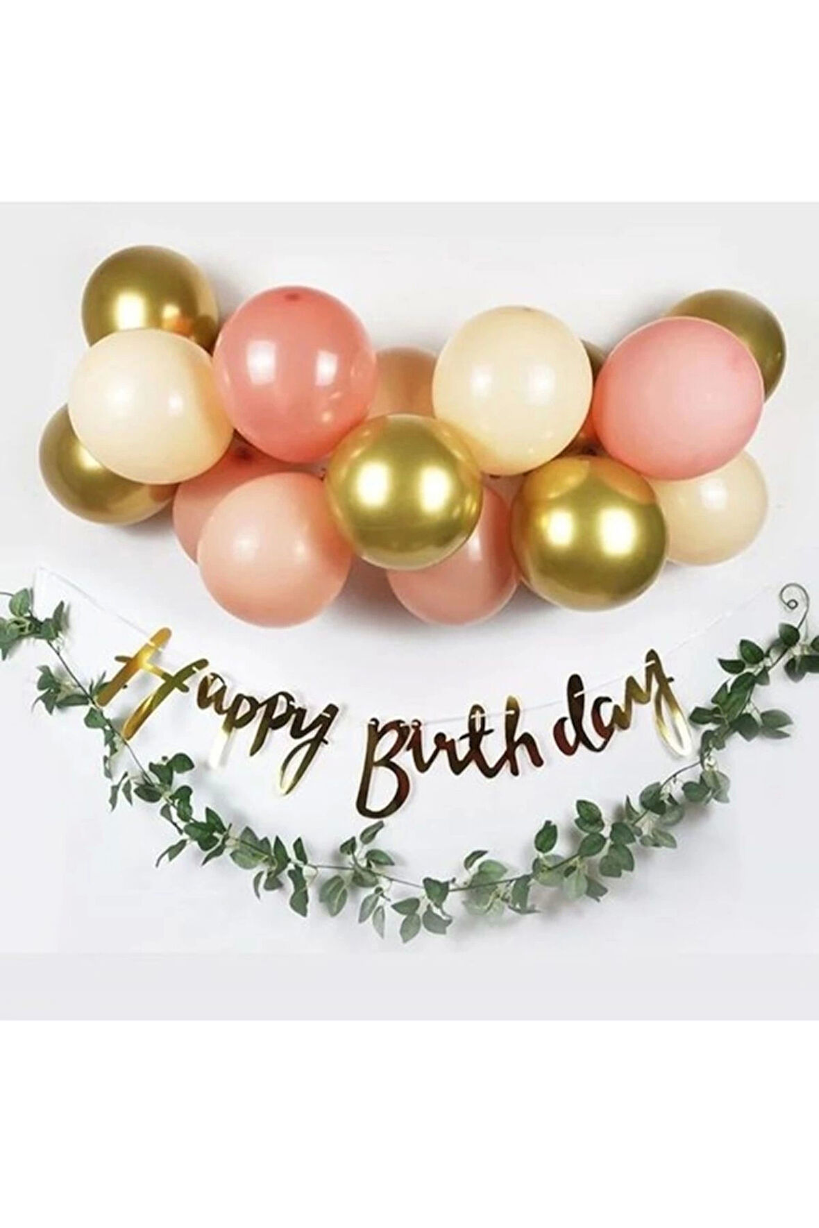 Gold Renk Kaligrafi Happy Birthday Banner ve Balon Set Somon Gold Krem Lateks Balon Set