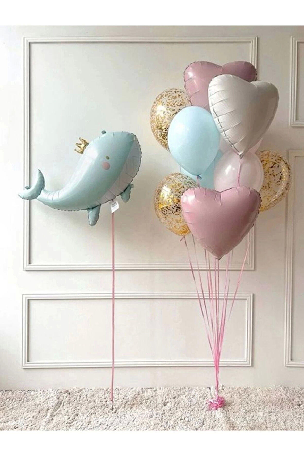 Sevimli Yeşil Balina Konsept Balina Balon Set Balina Balon Whale Balloon Doğum Günü Balon Buketi