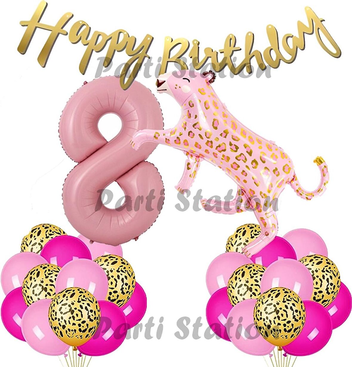 Pembe Leopar 8 Yaş Balon Set Safari Leopar Doğum Günü Parti Balon Set Pembe Panter Jungle Balon Set