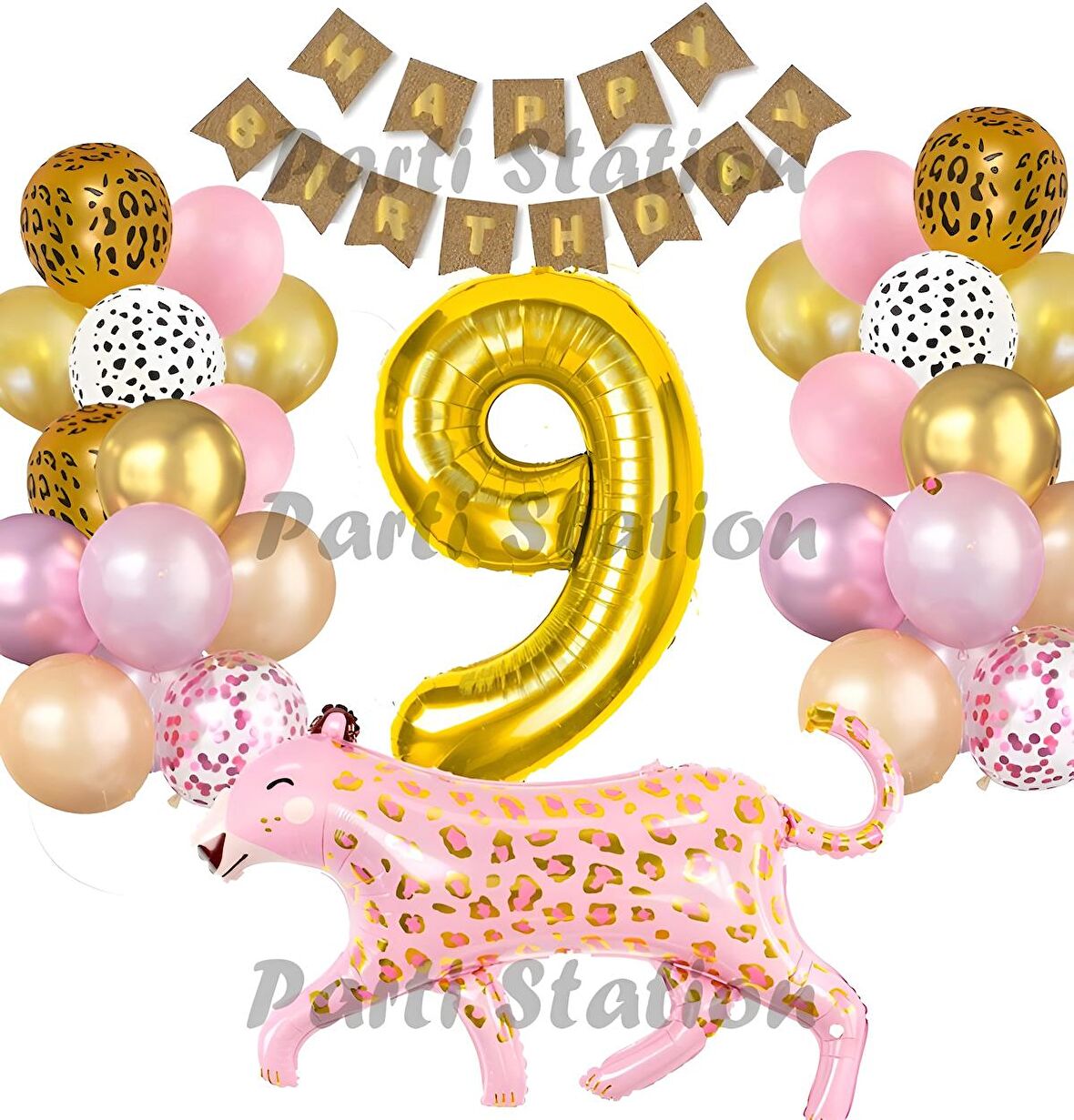 Pembe Leopar 9 Yaş Balon Set Safari Leopar Doğum Günü Parti Balon Set Pembe Panter Jungle Balon Set