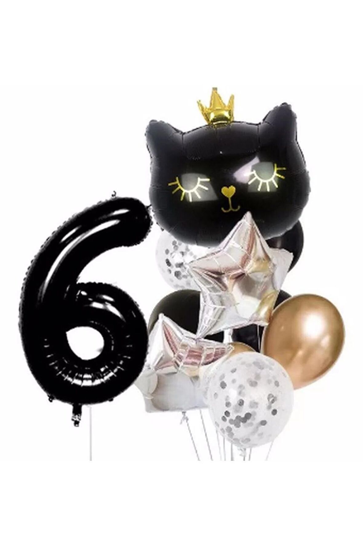Siyah Kedi Kara Kedi 6 Yaş Balon Set Yıldız Balon Folyo Set Siyah Kedi Konsept Doğum Günü Set