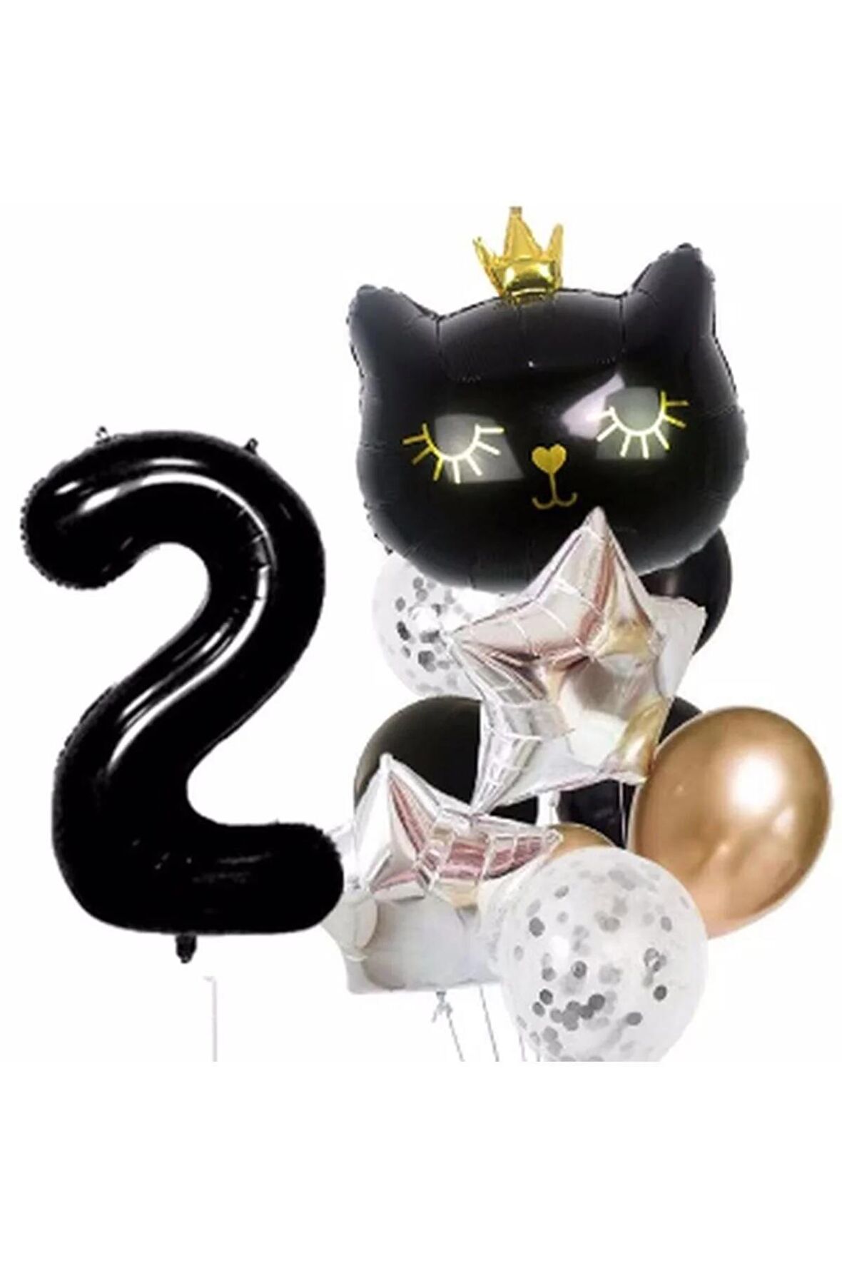 Siyah Kedi Kara Kedi 2 Yaş Balon Set Yıldız Balon Folyo Set Siyah Kedi Konsept Doğum Günü Set