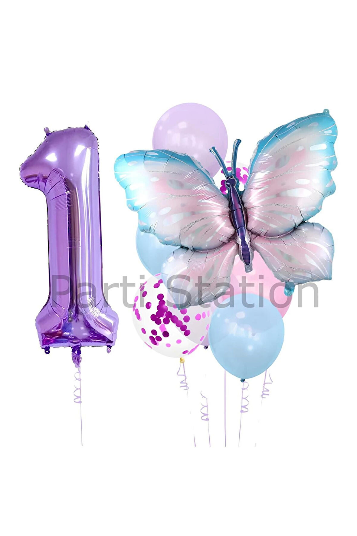 Mavi Pembe  Kelebek 7 Yaş Mor Rakam Balon Set Kelebek Konsept Doğum Günü Balon Set