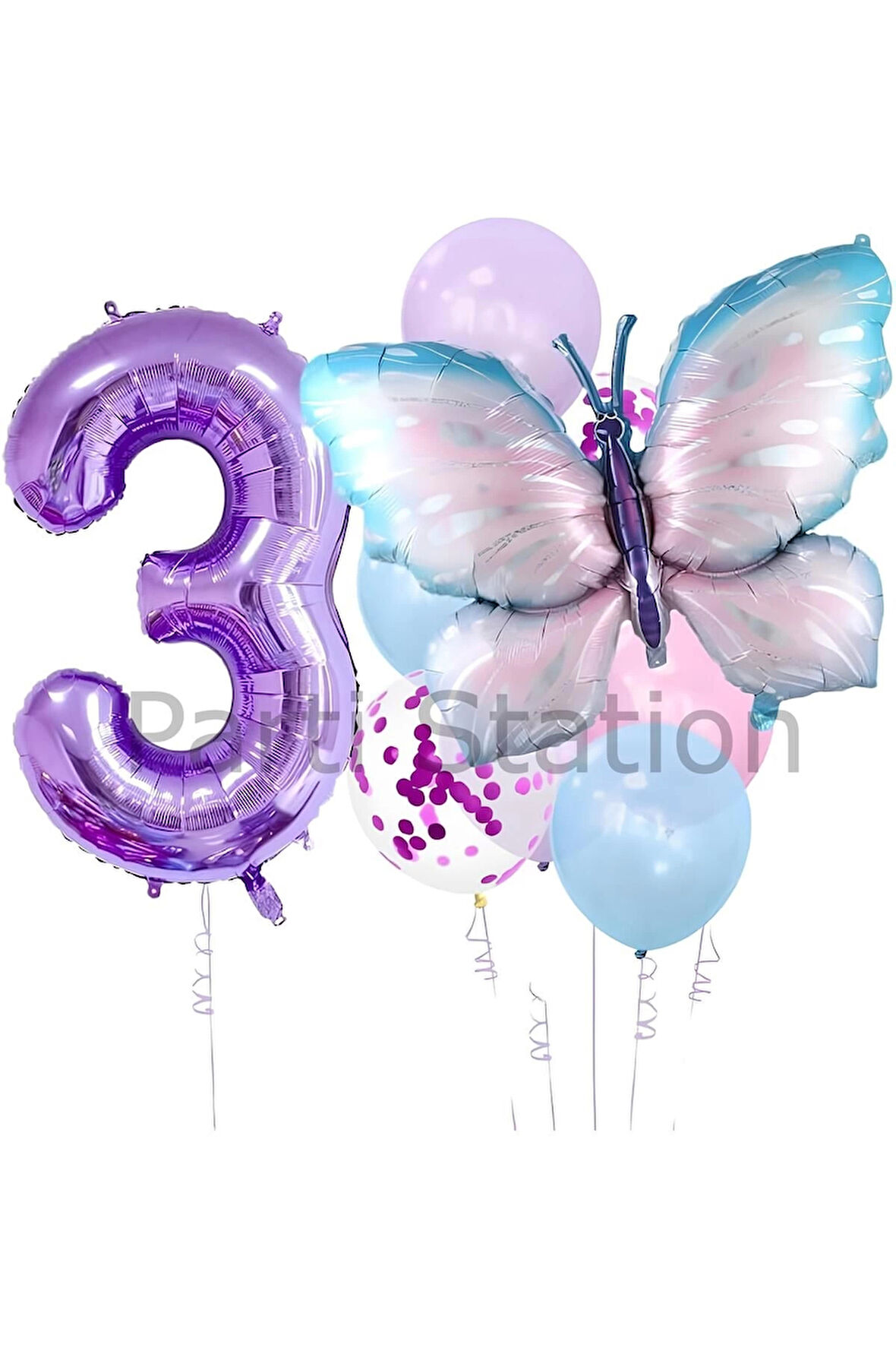 Mavi Pembe  Kelebek 7 Yaş Mor Rakam Balon Set Kelebek Konsept Doğum Günü Balon Set