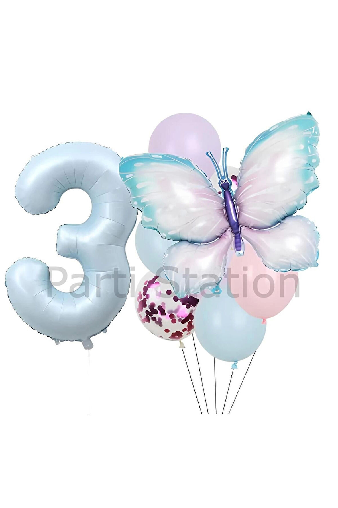 Pembe Mavi Kelebek 3 Yaş Balon Set Kelebek Konsept Doğum Günü Balon Balon Set