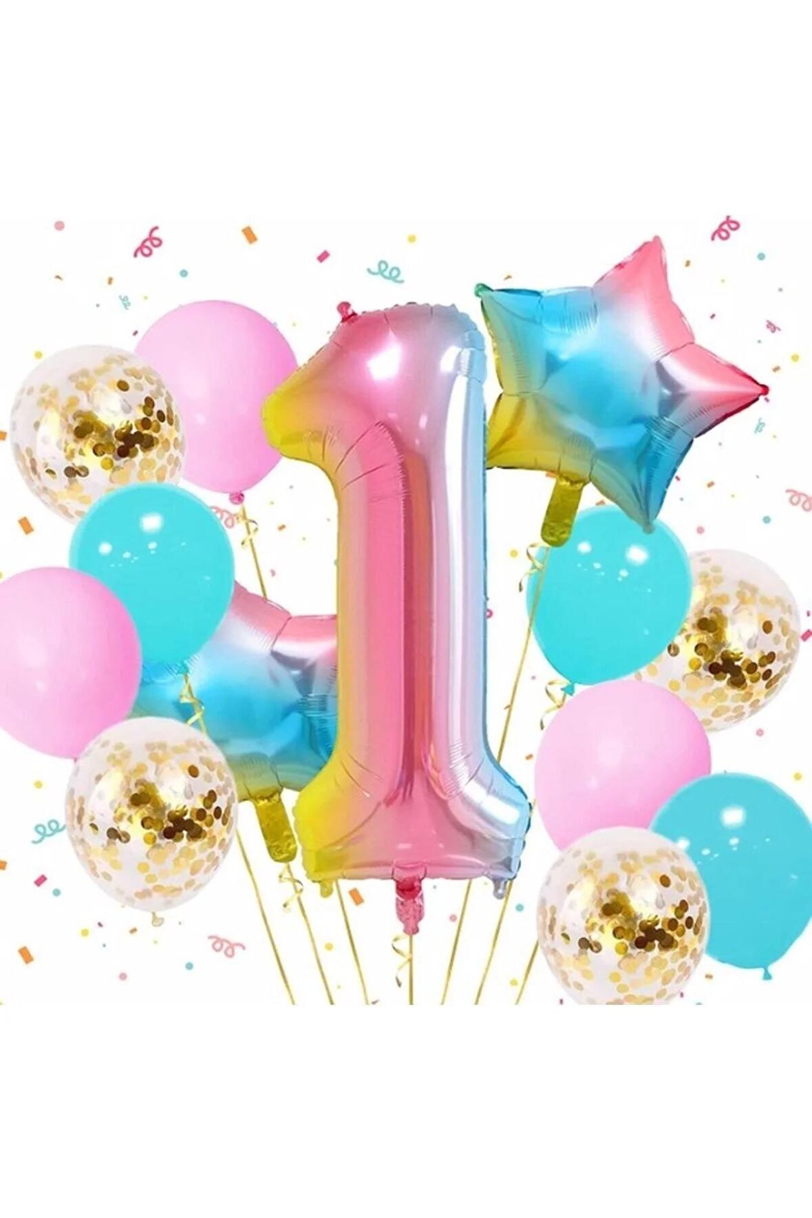 Gökkuşağı Rengarenk 1 Yaş Balon Set Yıldız Balon Folyo Set Konsept Doğum Günü Set Yaş Balon Set