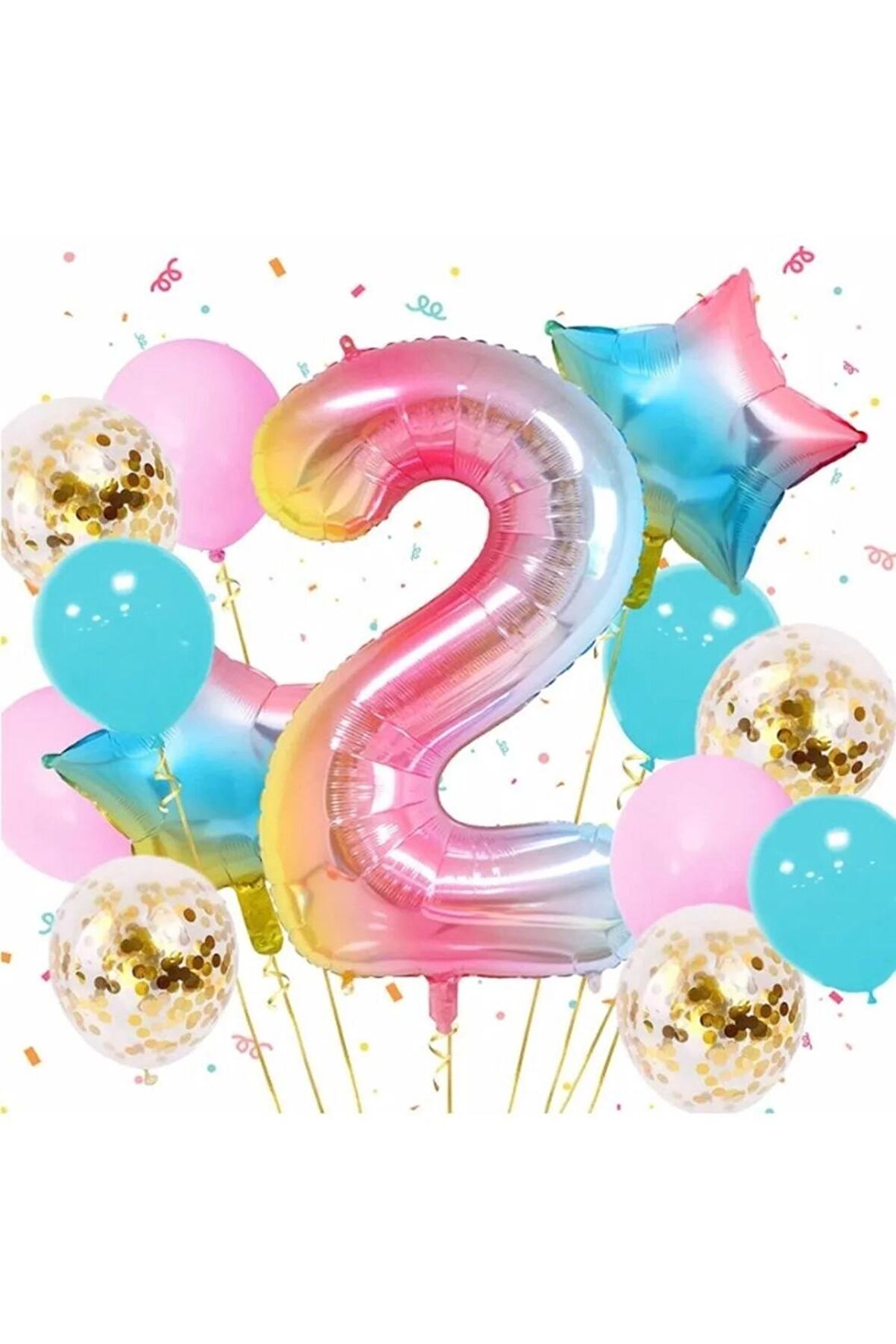 Gökkuşağı Rengarenk 2 Yaş Balon Set Yıldız Balon Folyo Set Konsept Doğum Günü Set Yaş Balon Set
