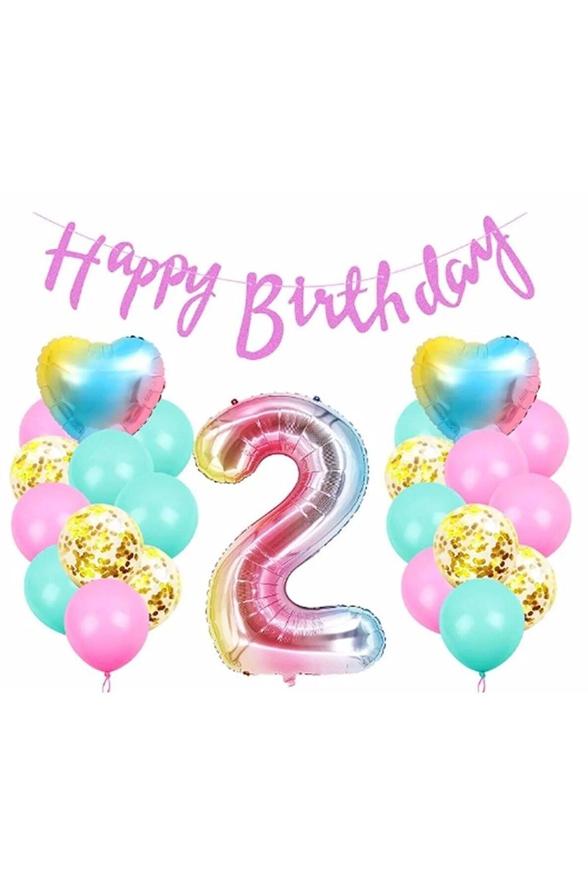 Happy Birthday Rengarenk 2 Yaş Balon Set Yıldız Balon Folyo Set Konsept Doğum Günü Set Yaş Balon Set