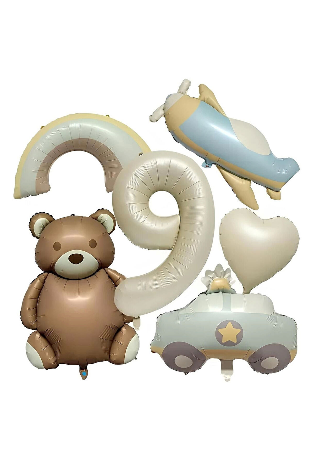 Retro Ayıcık Uçak Polis Arabası Gökkuşağı Konsept 1 Yaş Balon Set Retro Konsept Doğum Günü Balon Set