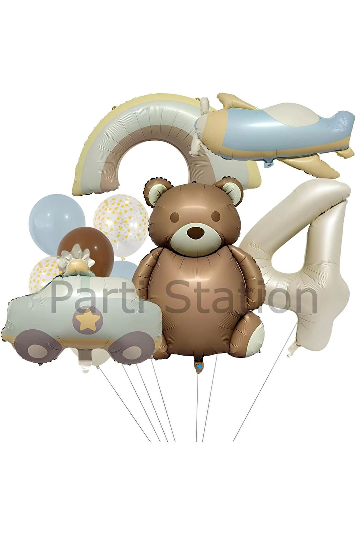 Retro Ayıcık Polis Arabası Gökkuşağı Uçak Konsept 4 Yaş Balon Set Retro Konsept Doğum Günü Balon Set