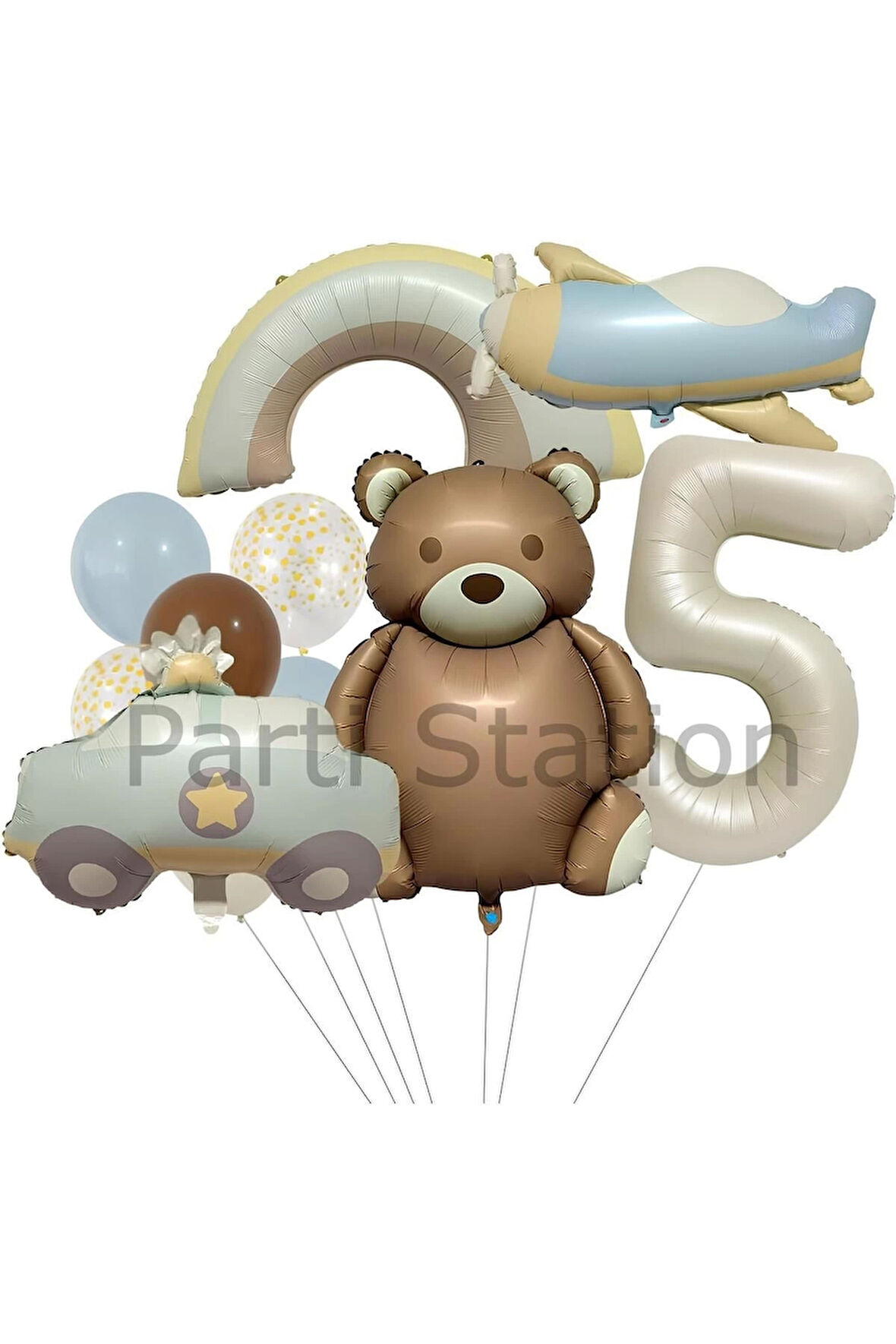 Retro Ayıcık Polis Arabası Gökkuşağı Uçak Konsept 4 Yaş Balon Set Retro Konsept Doğum Günü Balon Set