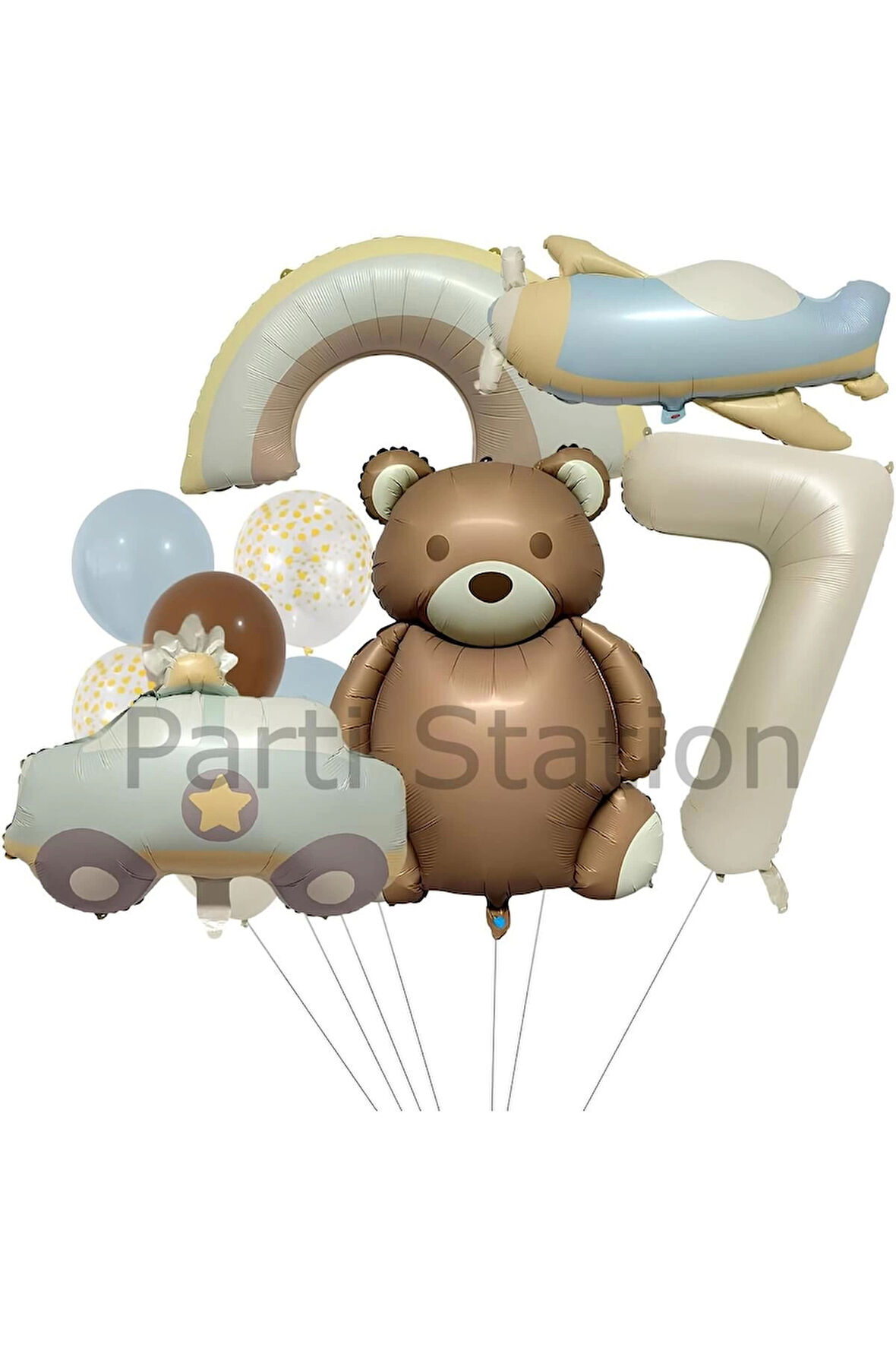 Retro Ayıcık Polis Arabası Gökkuşağı Uçak Konsept 4 Yaş Balon Set Retro Konsept Doğum Günü Balon Set