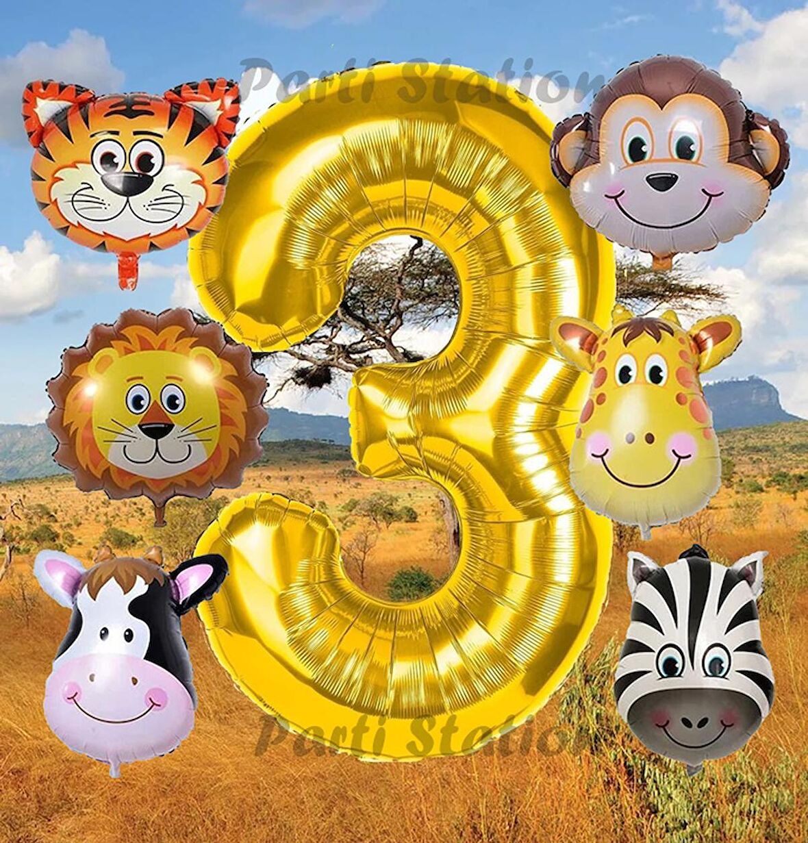 Altın Renk Rakam Balonlu Safari 3 Yaş Doğum Günü Parti Balon Set Safari Hayvanlar Tema Parti Set