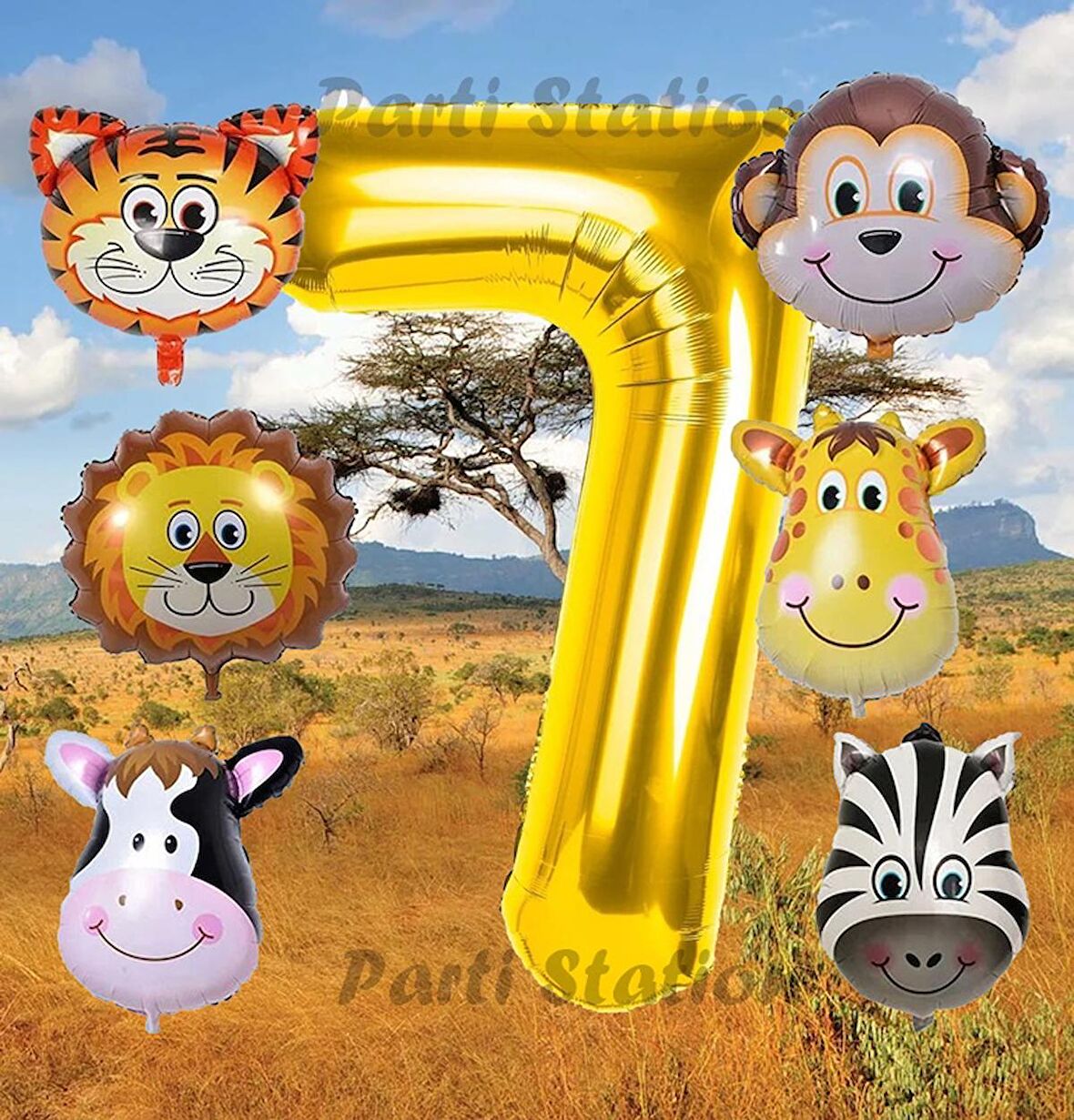 Altın Renk Rakam Balonlu Safari 7 Yaş Doğum Günü Parti Balon Set Safari Hayvanlar Tema Parti Set