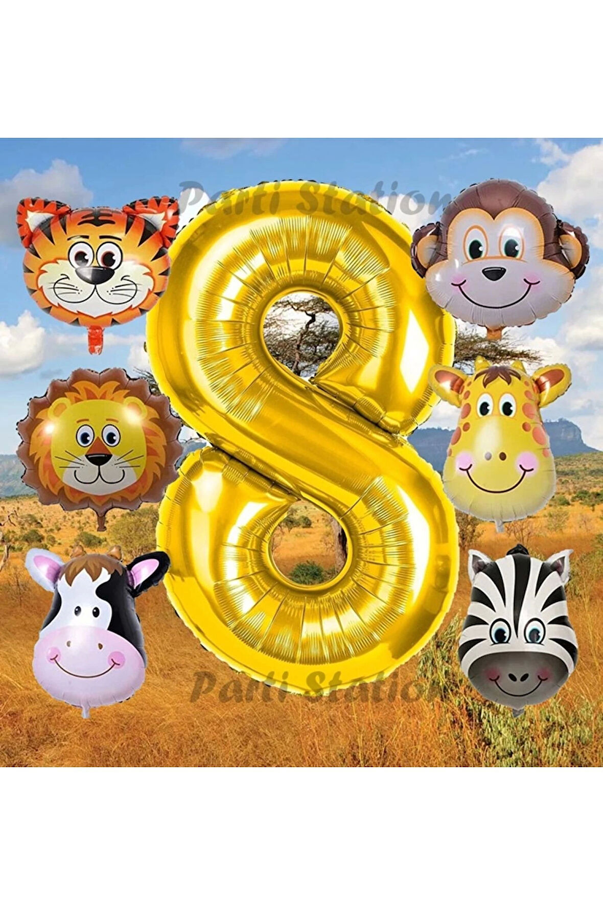 Altın Renk Rakam Balonlu Safari 6 Yaş Doğum Günü Parti Balon Set Safari Hayvanlar Tema Parti Set