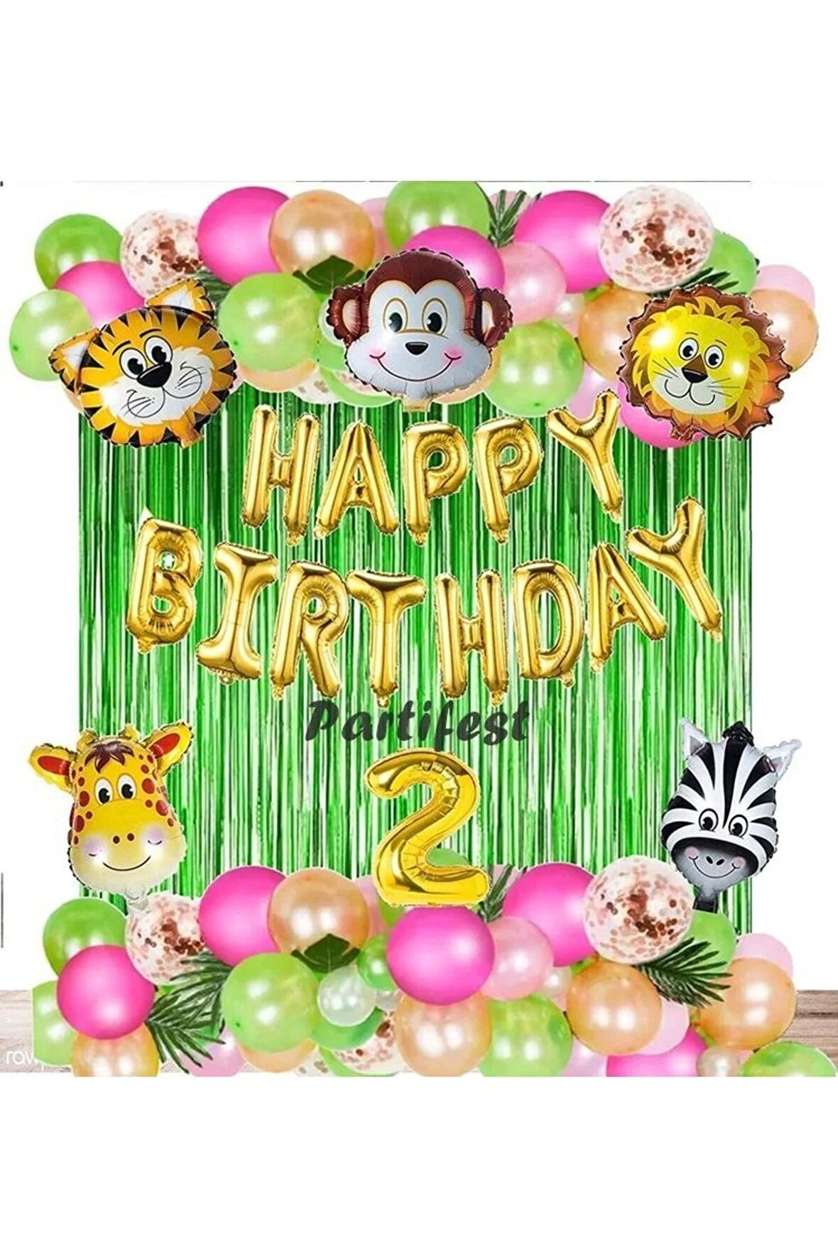 Kız Safari Hayvanlar 2 Yaş Balon Set Pembe Safari Konsept Helyum Balon Set Safari Doğum Günü Set