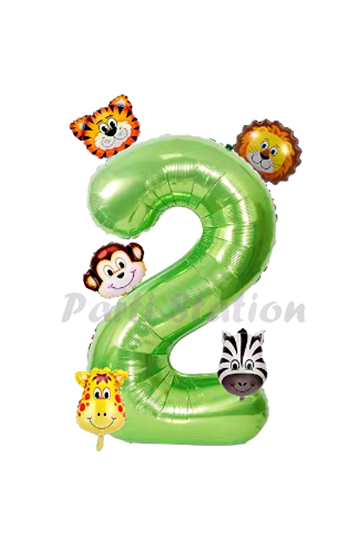 Safari Hayvanlar 6'lı Balon Set 5 Yaş Doğum Günü Balon Set Safari Konsept ve Yeşil Rakam Balon