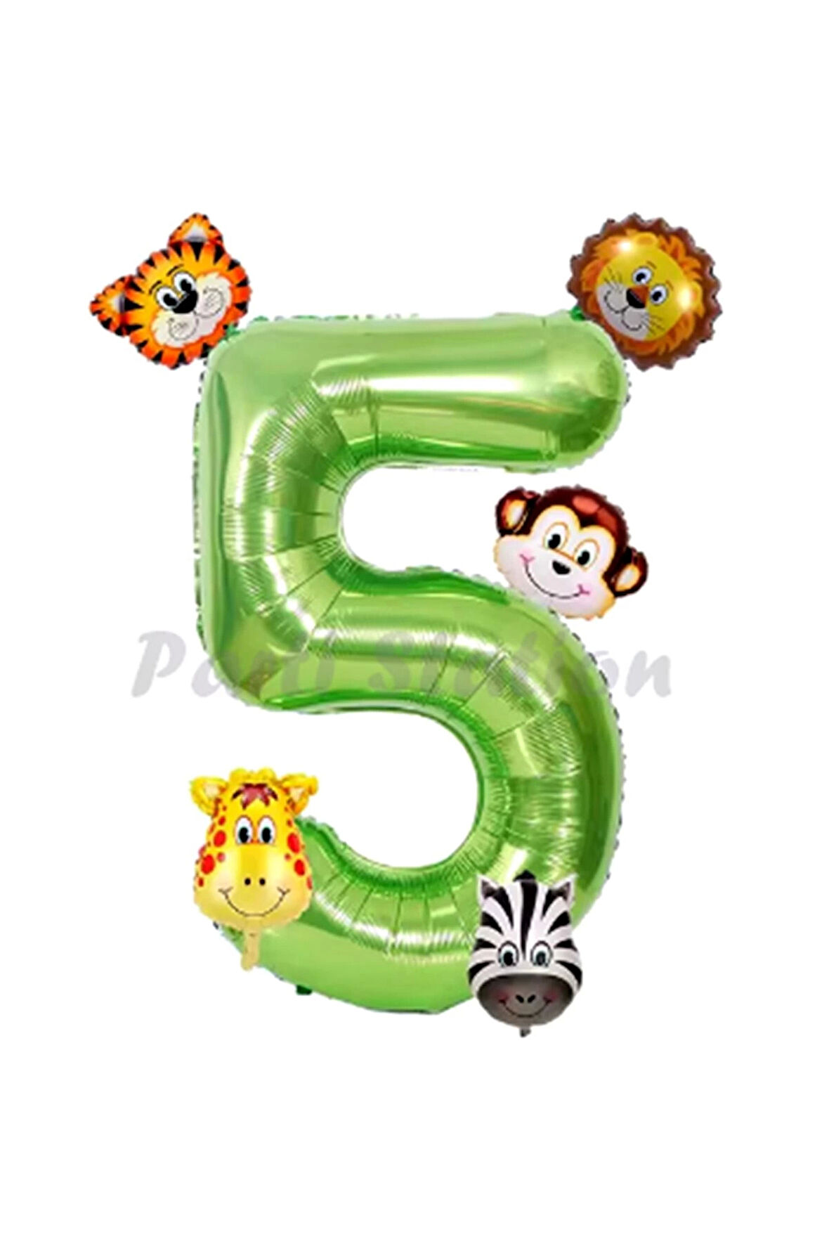 Safari Hayvanlar 6'lı Balon Set 5 Yaş Doğum Günü Balon Set Safari Konsept ve Yeşil Rakam Balon