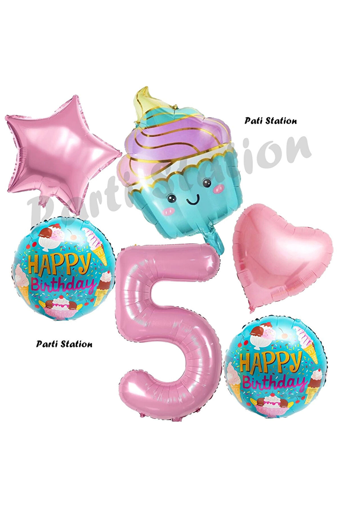 Pastane Şeker Cupcake Konsept 5 Yaş Doğum Günü Balon Set İce Cream Tema Doğum Günü Balon