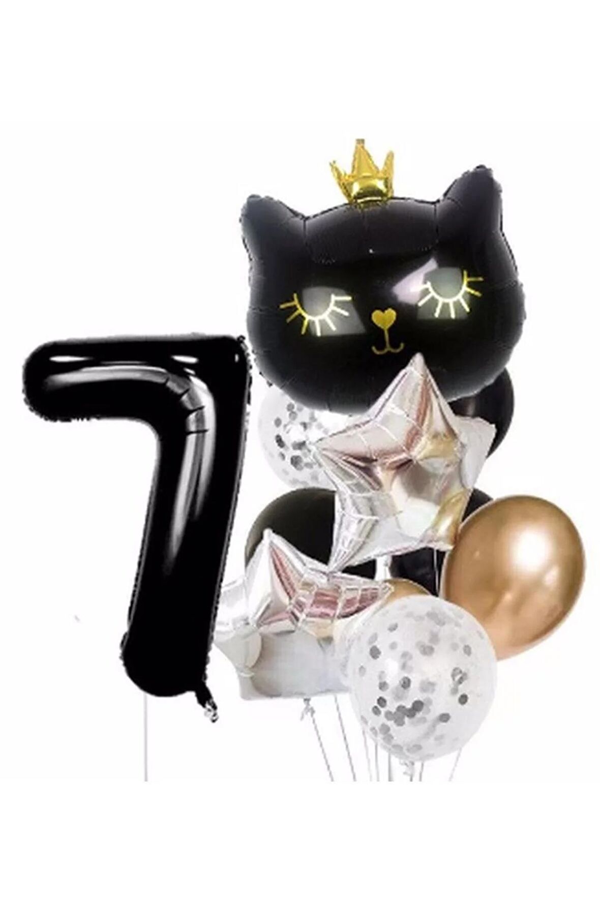 Siyah Kedi Kara Kedi 7 Yaş Balon Set Yıldız Balon Folyo Set Siyah Kedi Konsept Doğum Günü Set