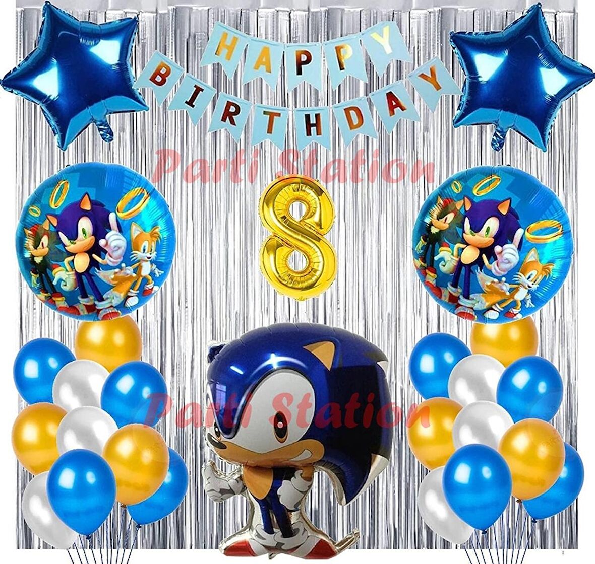 Lacivert Tilki Sonic Boom Konsept 8 Yaş Balon Set Sonic Tema Doğum Günü Arka Fon Süsleme Balonlu Set