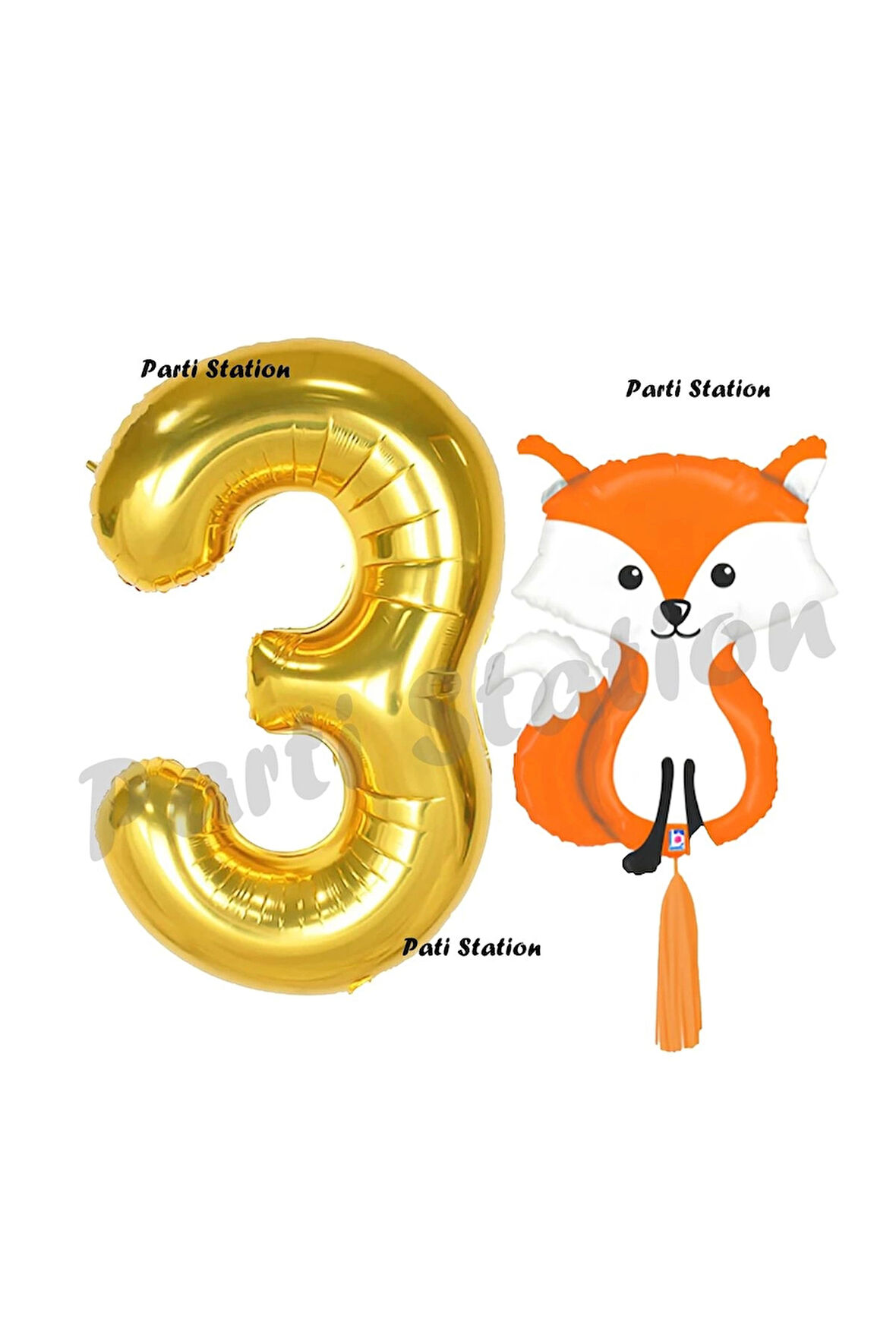 Woodland Tilki Balon 3 Yaş Balon Set Sevimli Tilki Balon ve Gold Rakam Balon Doğum Günü Seti