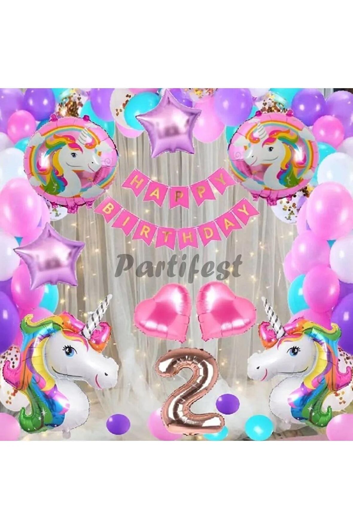 Gökkuşağı Unicorn Konsept 2 Yaş Balon Doğum Günü Set Tek Boynuzlu At Unicorn Yaş Balon Set