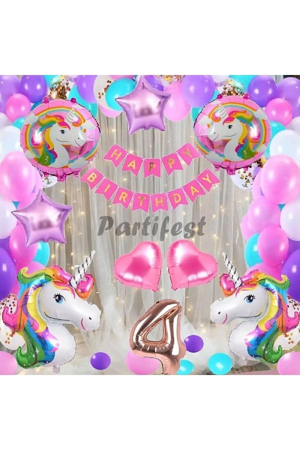 Gökkuşağı Unicorn Konsept 4 Yaş Balon Doğum Günü Set Tek Boynuzlu At Unicorn Yaş Balon Set