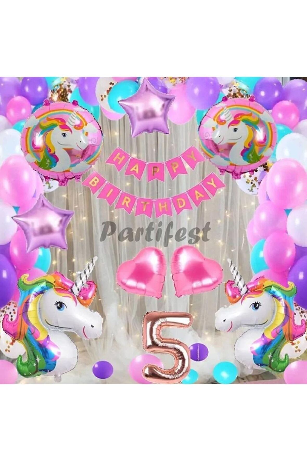 Gökkuşağı Unicorn Konsept 5 Yaş Balon Doğum Günü Set Tek Boynuzlu At Unicorn Yaş Balon Set