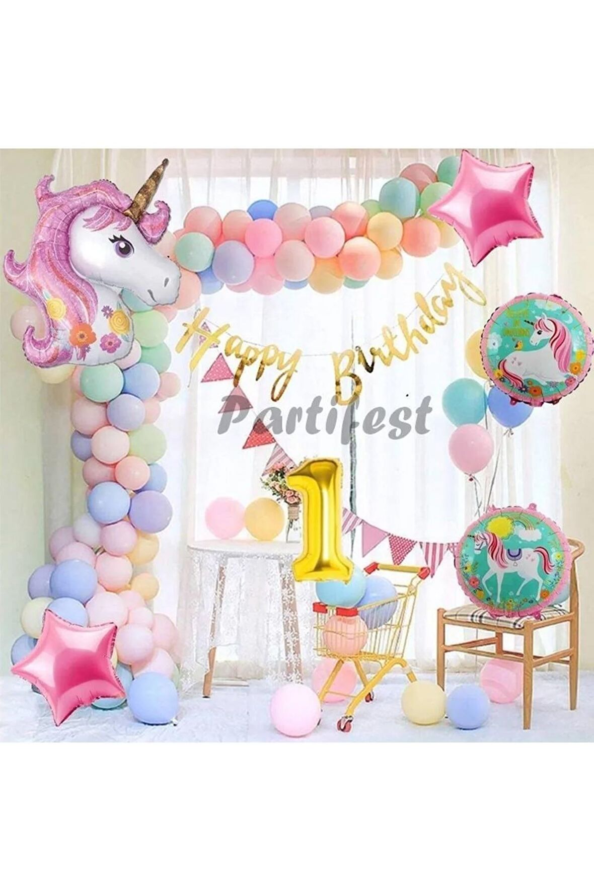 Unicorn Konsept 1 Yaş Balon Doğum Günü Set Tek Boynuzlu At Unicorn Yaş Balon Set