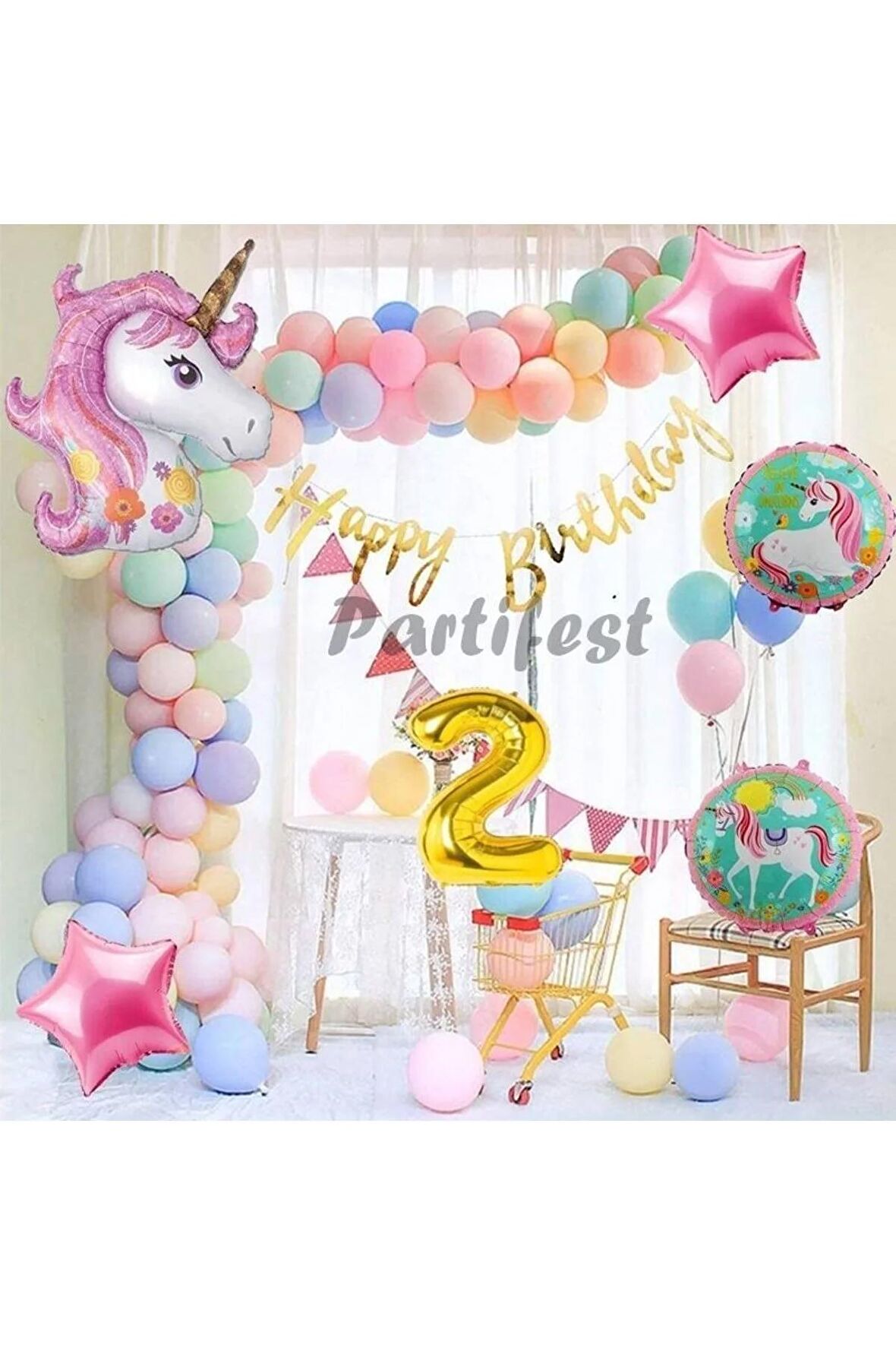 Unicorn Konsept 2 Yaş Balon Doğum Günü Set Tek Boynuzlu At Unicorn Yaş Balon Set