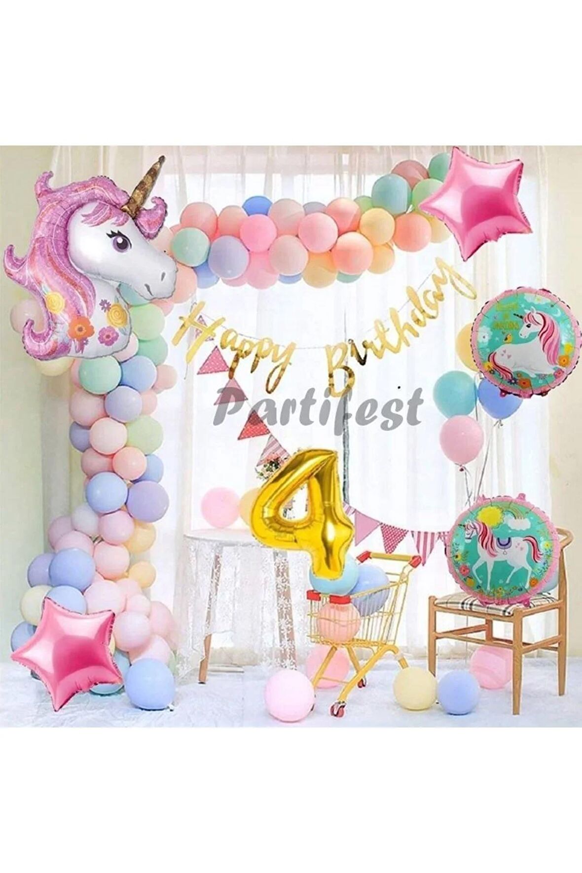 Unicorn Konsept 4 Yaş Balon Doğum Günü Set Tek Boynuzlu At Unicorn Yaş Balon Set