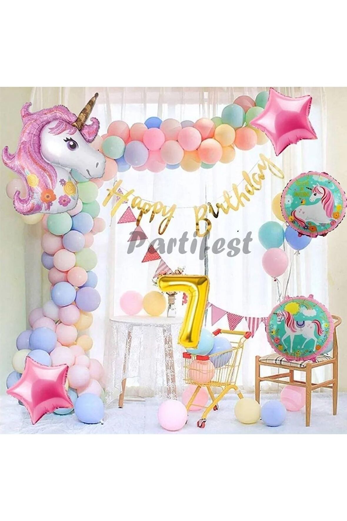 Unicorn Konsept 7 Yaş Balon Doğum Günü Set Tek Boynuzlu At Unicorn Yaş Balon Set
