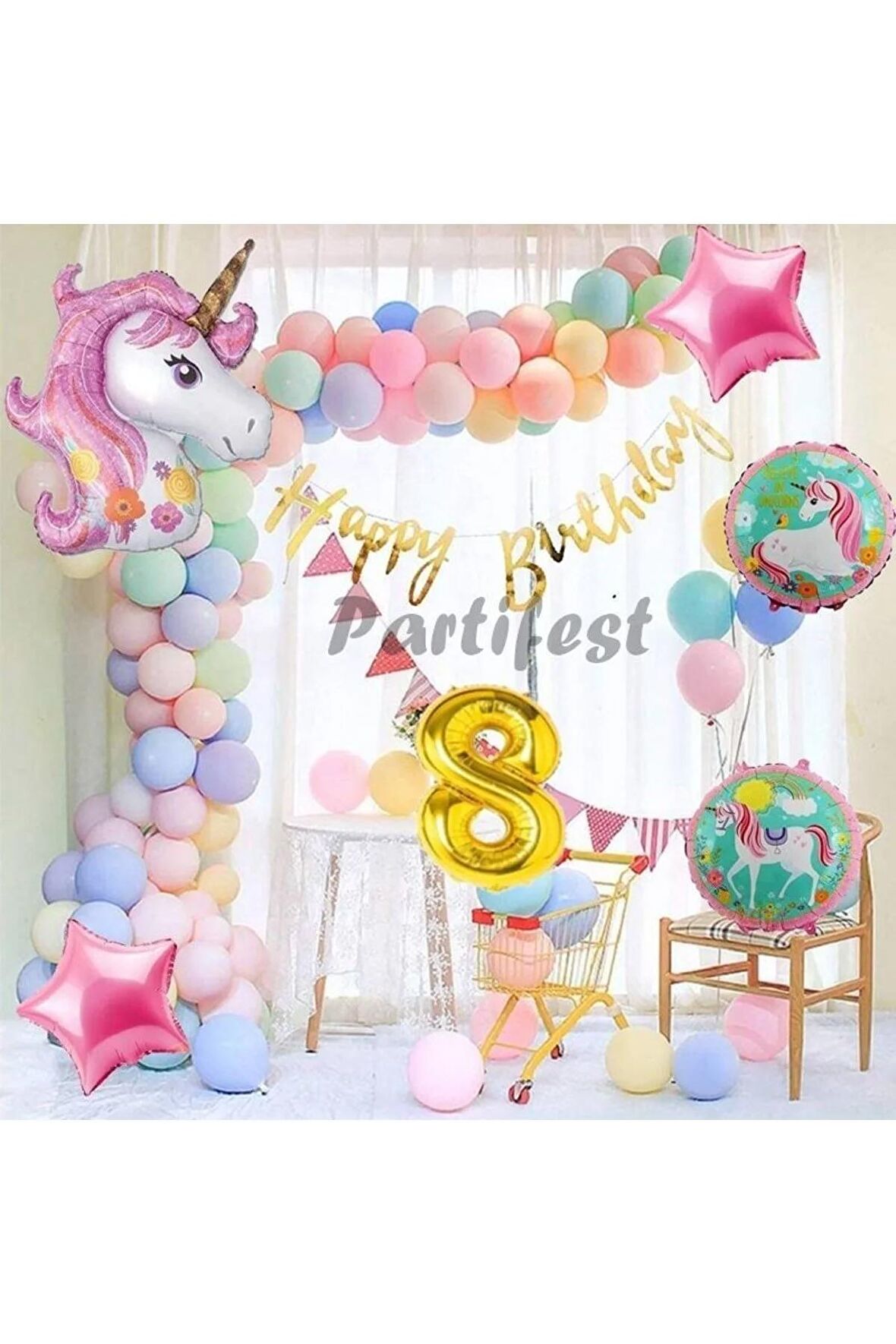 Unicorn Konsept 8 Yaş Balon Doğum Günü Set Tek Boynuzlu At Unicorn Yaş Balon Set