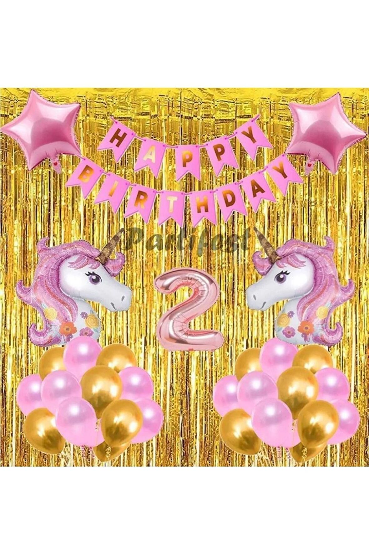 Pembe Unicorn Konsept 2 Yaş Balon Doğum Günü Set Gökkuşağı Unicorn Yaş Balon Set