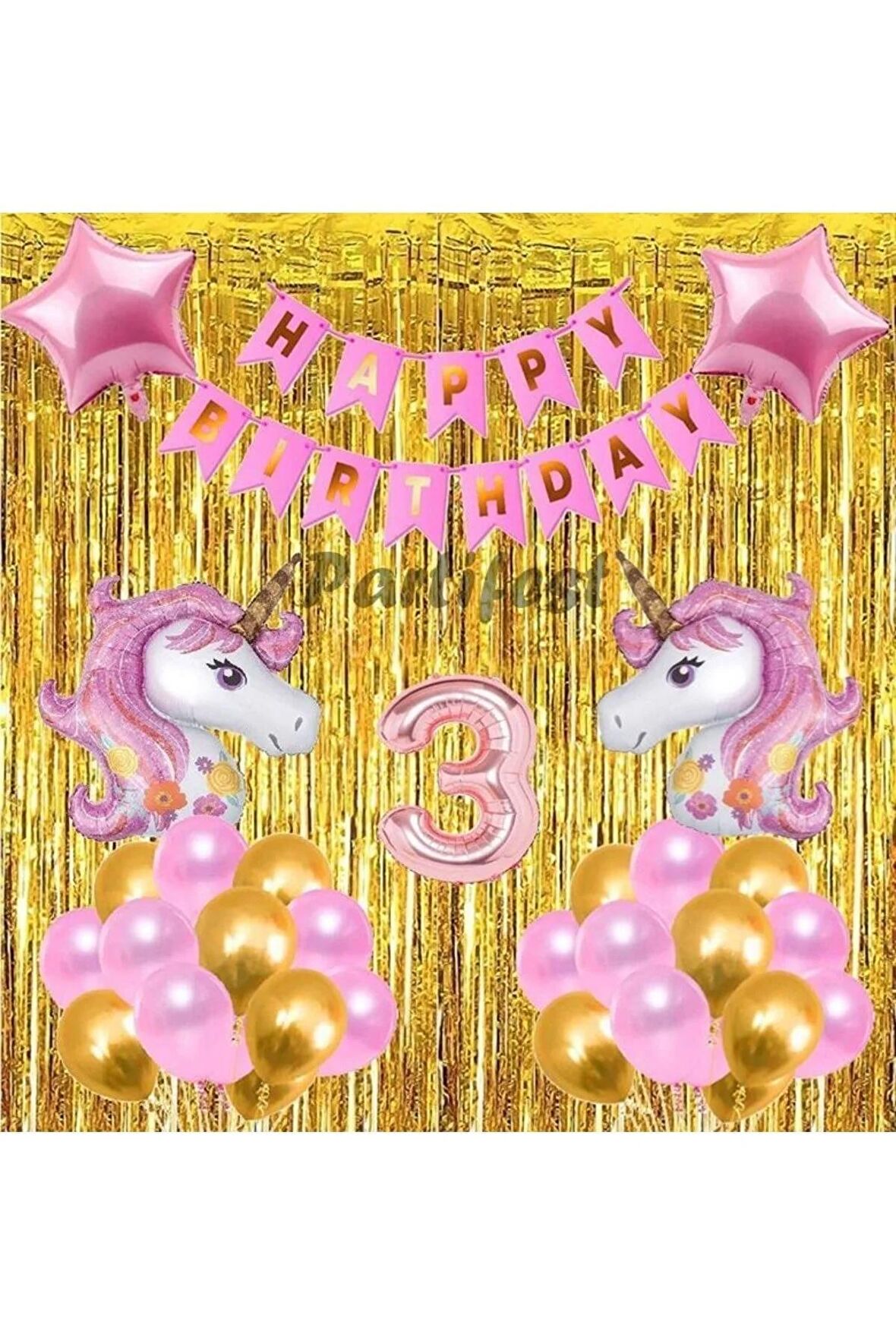 Pembe Unicorn Konsept 3 Yaş Balon Doğum Günü Set Gökkuşağı Unicorn Yaş Balon Set