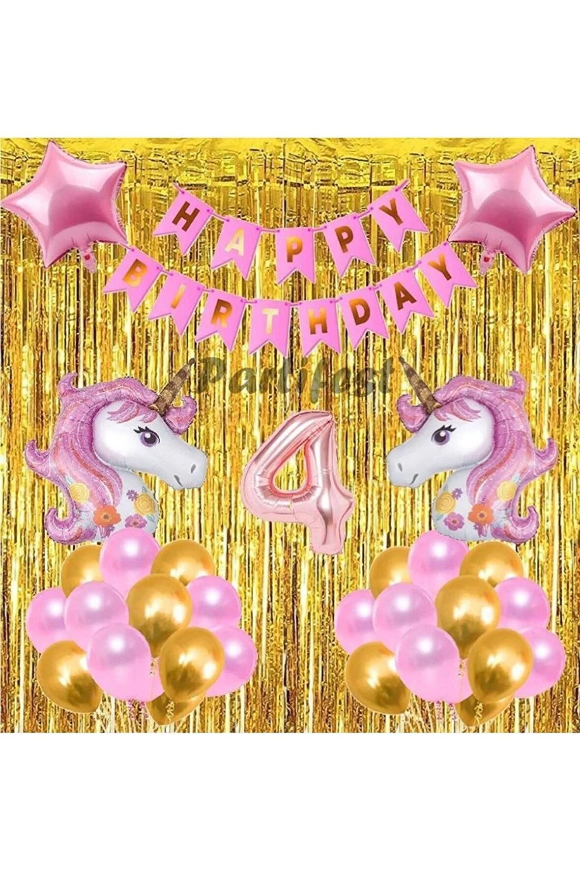 Pembe Unicorn Konsept 4 Yaş Balon Doğum Günü Set Gökkuşağı Unicorn Yaş Balon Set