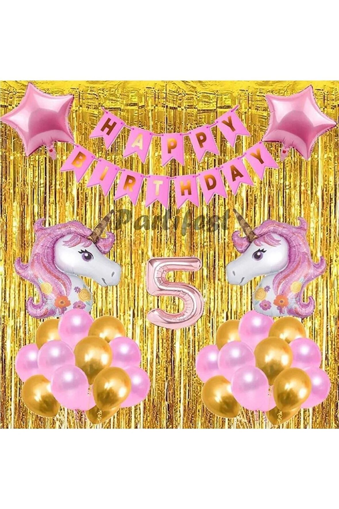 Pembe Unicorn Konsept 5 Yaş Balon Doğum Günü Set Gökkuşağı Unicorn Yaş Balon Set