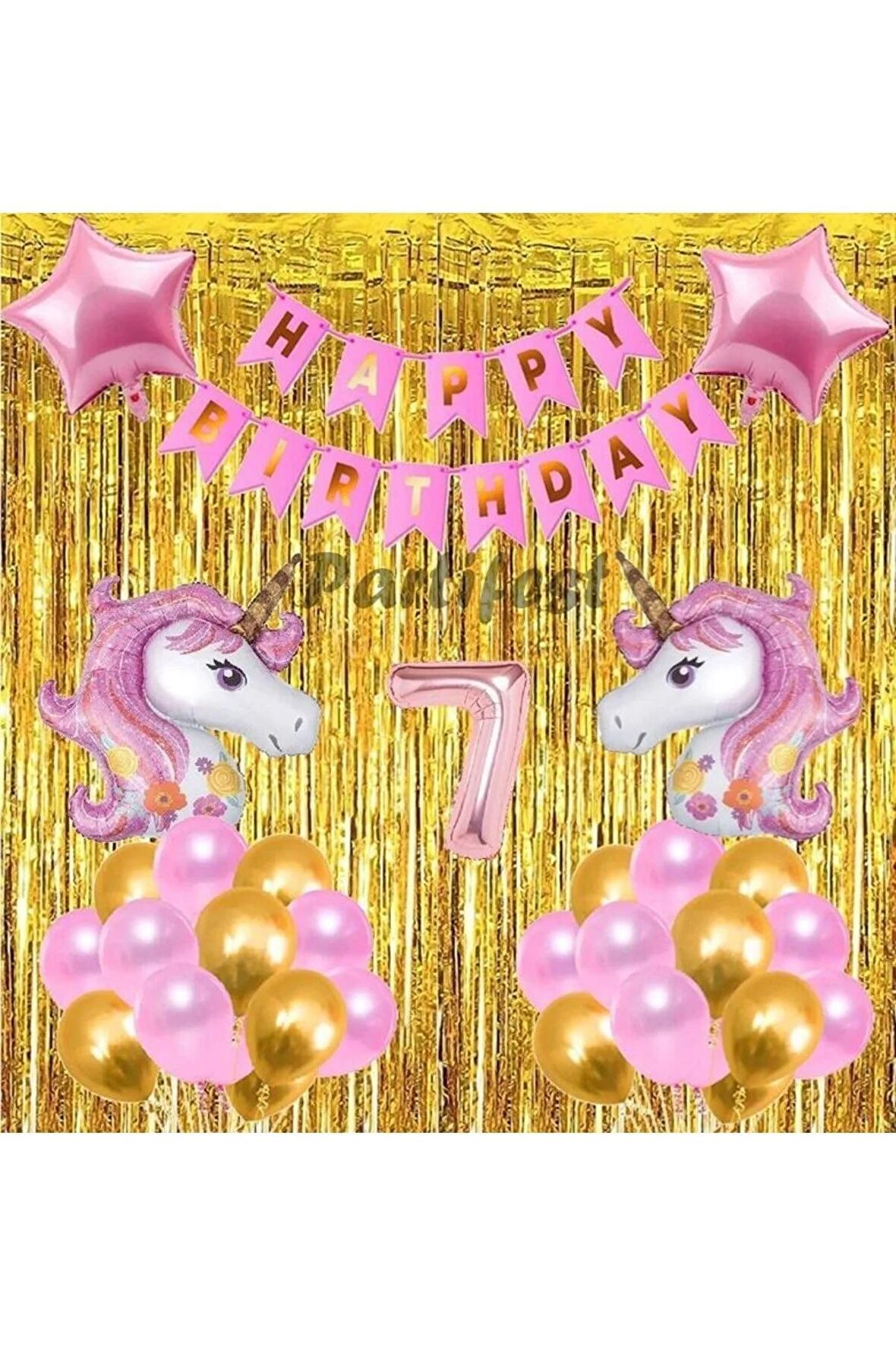 Pembe Unicorn Konsept 7 Yaş Balon Doğum Günü Set Gökkuşağı Unicorn Yaş Balon Set