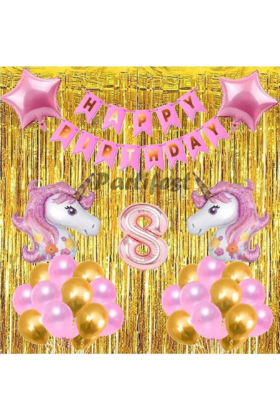 Pembe Unicorn Konsept 8 Yaş Balon Doğum Günü Set Gökkuşağı Unicorn Yaş Balon Set