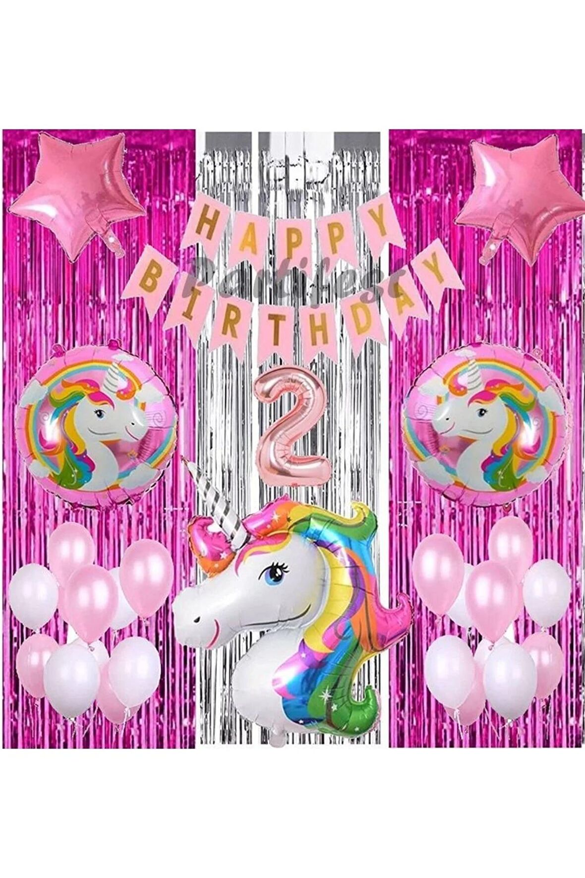 Gökkuşağı Unicorn Konsept 2 Yaş Balon Doğum Günü Set Gökkuşağı Unicorn Yaş Balon Set