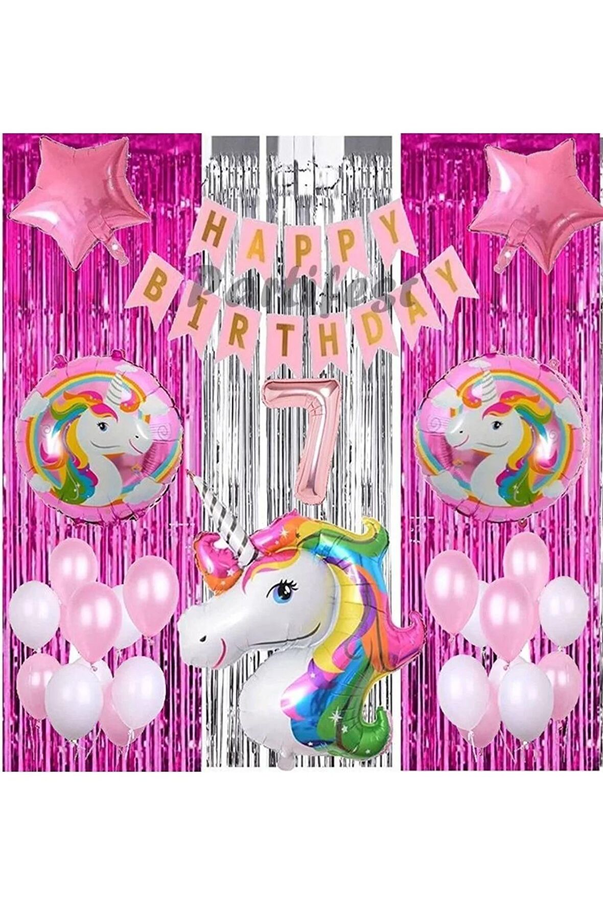 Gökkuşağı Unicorn Konsept 7 Yaş Balon Doğum Günü Set Gökkuşağı Unicorn Yaş Balon Set