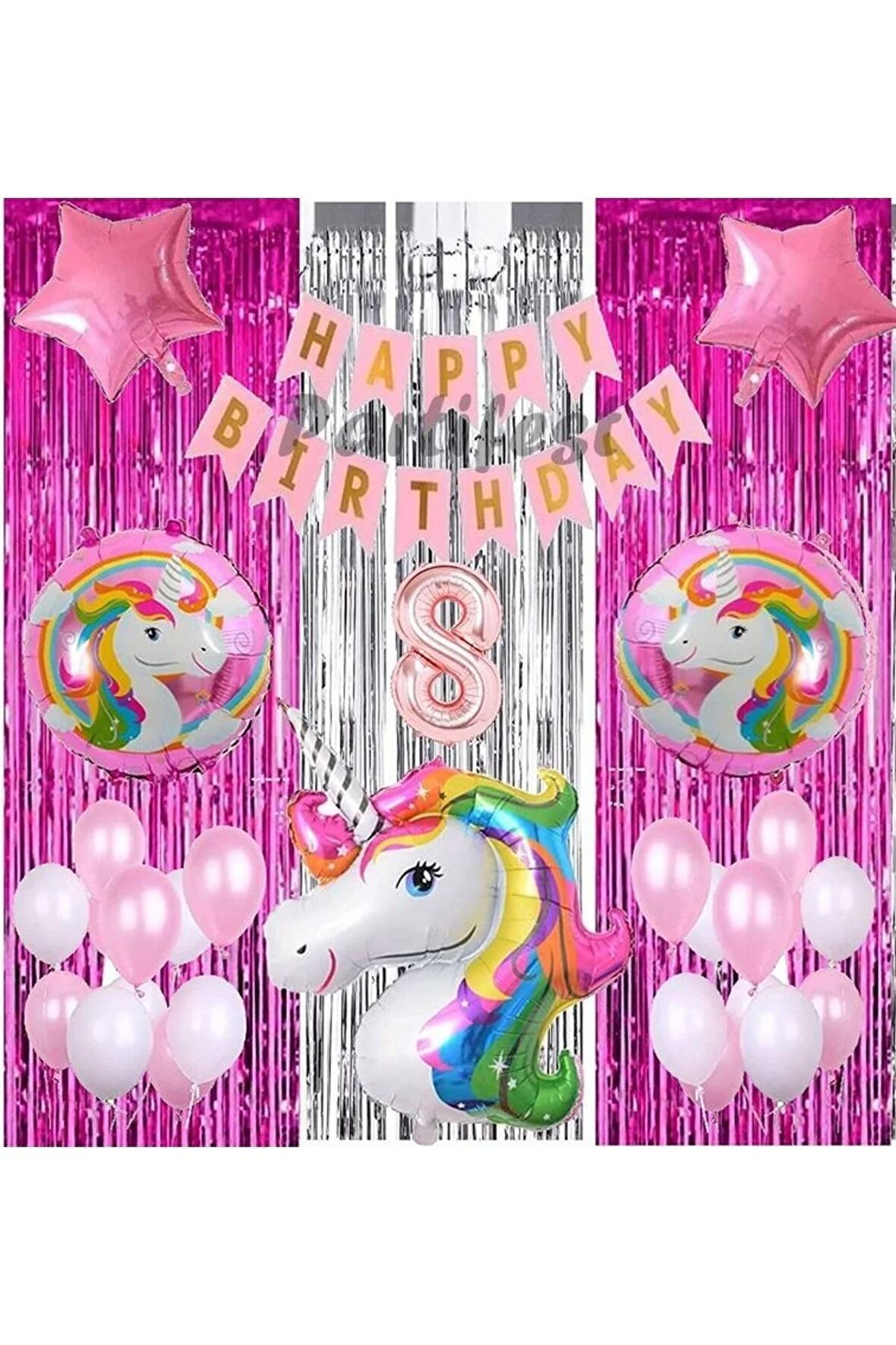 Gökkuşağı Unicorn Konsept 8 Yaş Balon Doğum Günü Set Gökkuşağı Unicorn Yaş Balon Set
