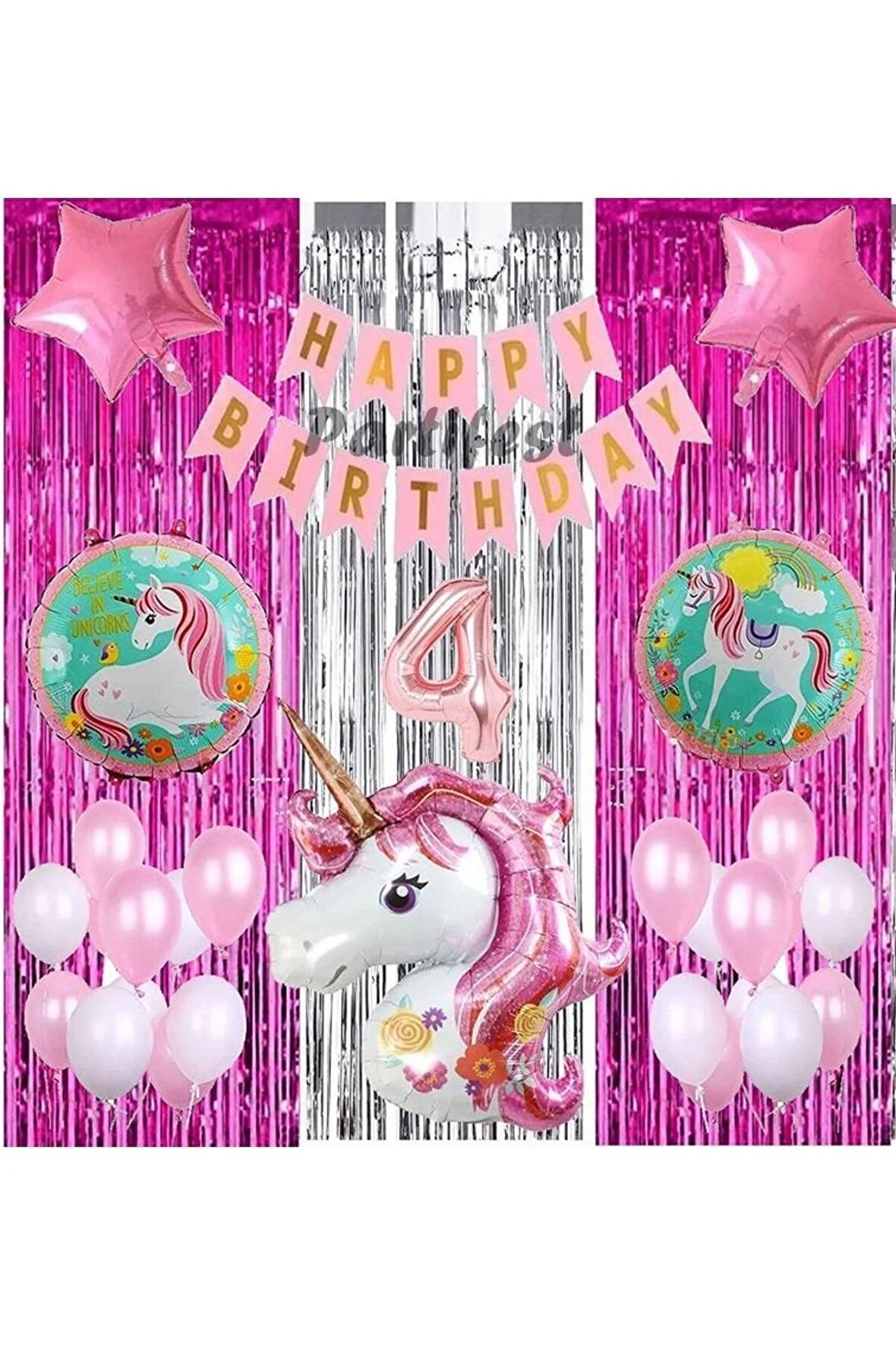 Pembe Unicorn Konsept 4 Yaş Balon Set Gökkuşağı Unicorn Doğum Günü Yaş Balon Set