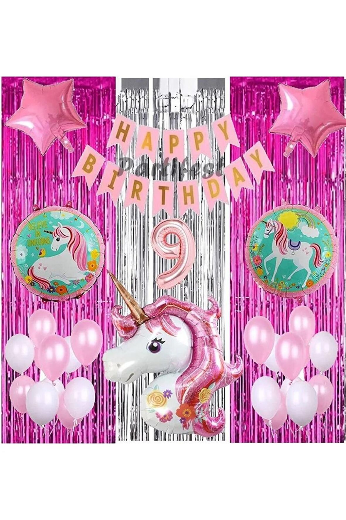 Pembe Unicorn Konsept 9 Yaş Balon Set Gökkuşağı Unicorn Doğum Günü Yaş Balon Set