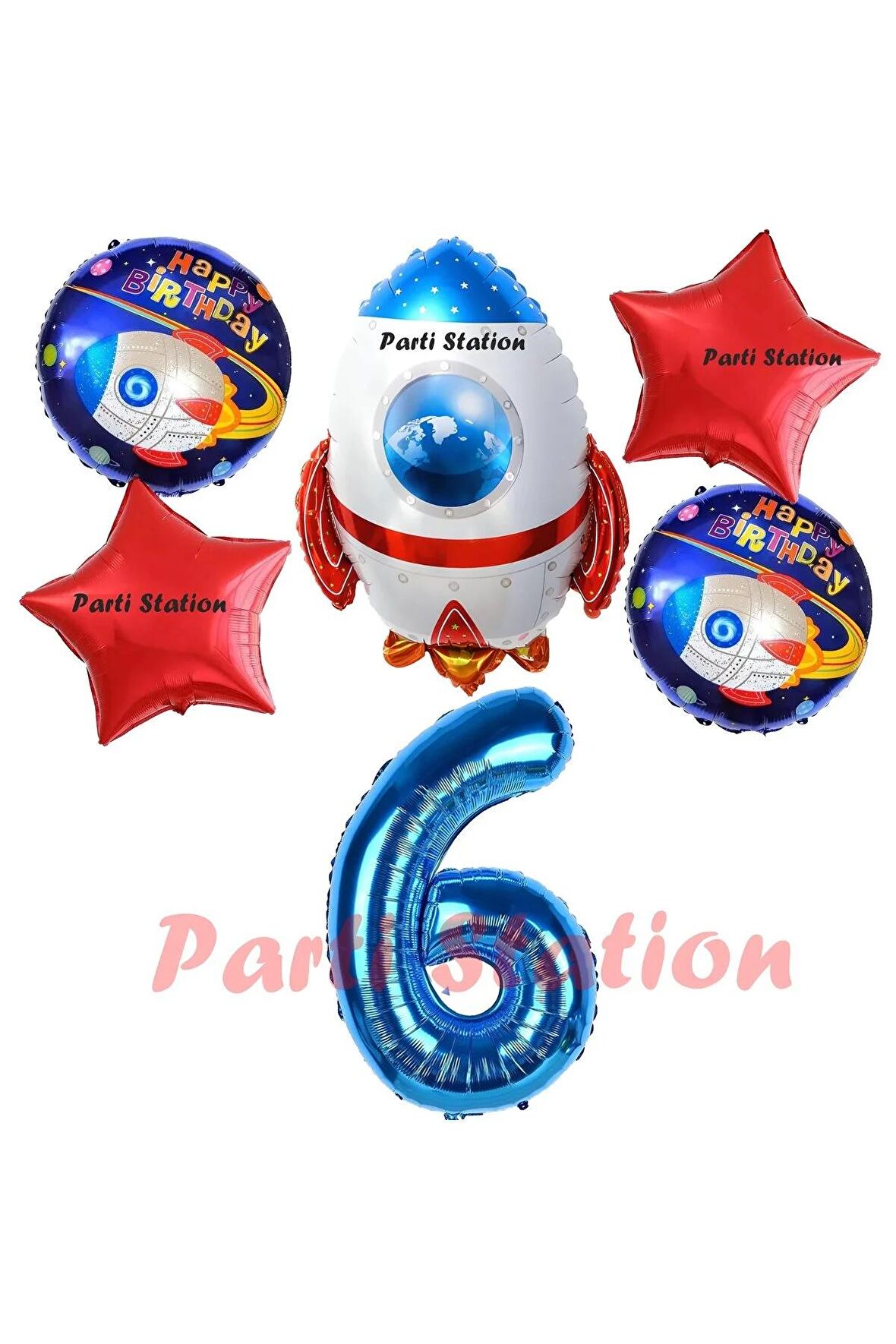Roket Uzay Astronot Konsept 6 Yaş Balon Set Uzay Roketi ve Yıldız Balon Doğum Günü Balon Set