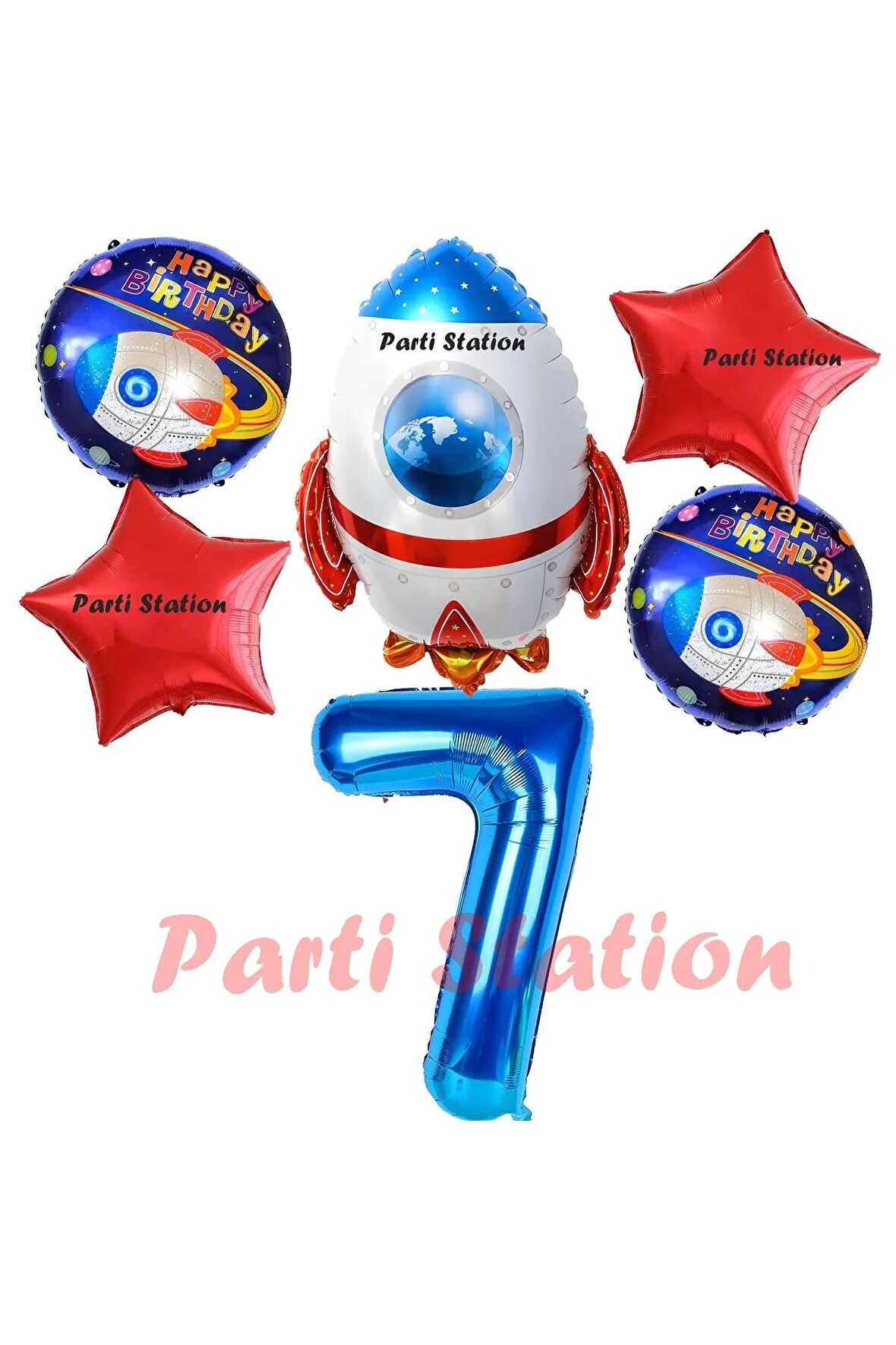 Roket Uzay Astronot Konsept 7 Yaş Balon Set Uzay Roketi ve Yıldız Balon Doğum Günü Balon Set