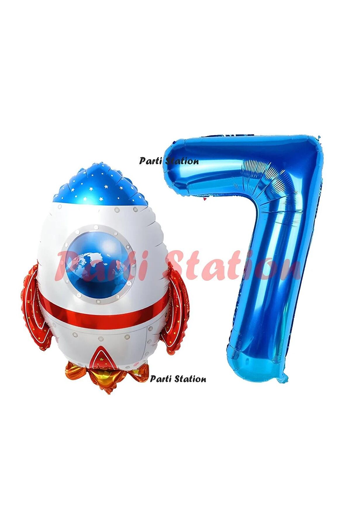 Roket Uzay Astronot Konsept 7 Yaş Balon Set Uzay Roketi ve Lacivert Rakam Balon Doğum Günü Balon Set